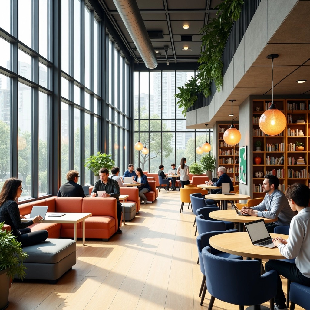 **Design Breakdown Prompt:**
1. **Environment:**
- Create a vibrant co-working space with large windows allowing natural light to flood in.
- Replace the solid black dividers with translucent panels featuring abstract patterns for a modern touch.
2. **Furniture:**
- Introduce a mix of lounge seating and communal tables made of light-colored wood with clean lines.
- Add some colorful accent chairs and a tall bookshelf filled with greenery.
3. **Lighting:**
- Swap the pendant lights for stylish floor lamps with warm-toned bulbs for a cozy atmosphere.
- Include some hanging plants around the windows.
4. **People:**
- Diverse individuals engaged in different activities: some working on laptops, others in discussions, and one enjoying a book.
- Alter clothing styles to reflect a casual, yet professional vibe, using a variety of colors and patterns.
5. **Decor:**
- Use art pieces on the walls that reflect local culture and creativity.
- Include a small coffee station in one corner with a variety of beverage options.
6. **Layout:**
- Arrange seating to promote collaboration, with small groupings as well as individual workspaces.
- Create a pathway that flows naturally through the space, allowing easy movement between areas.