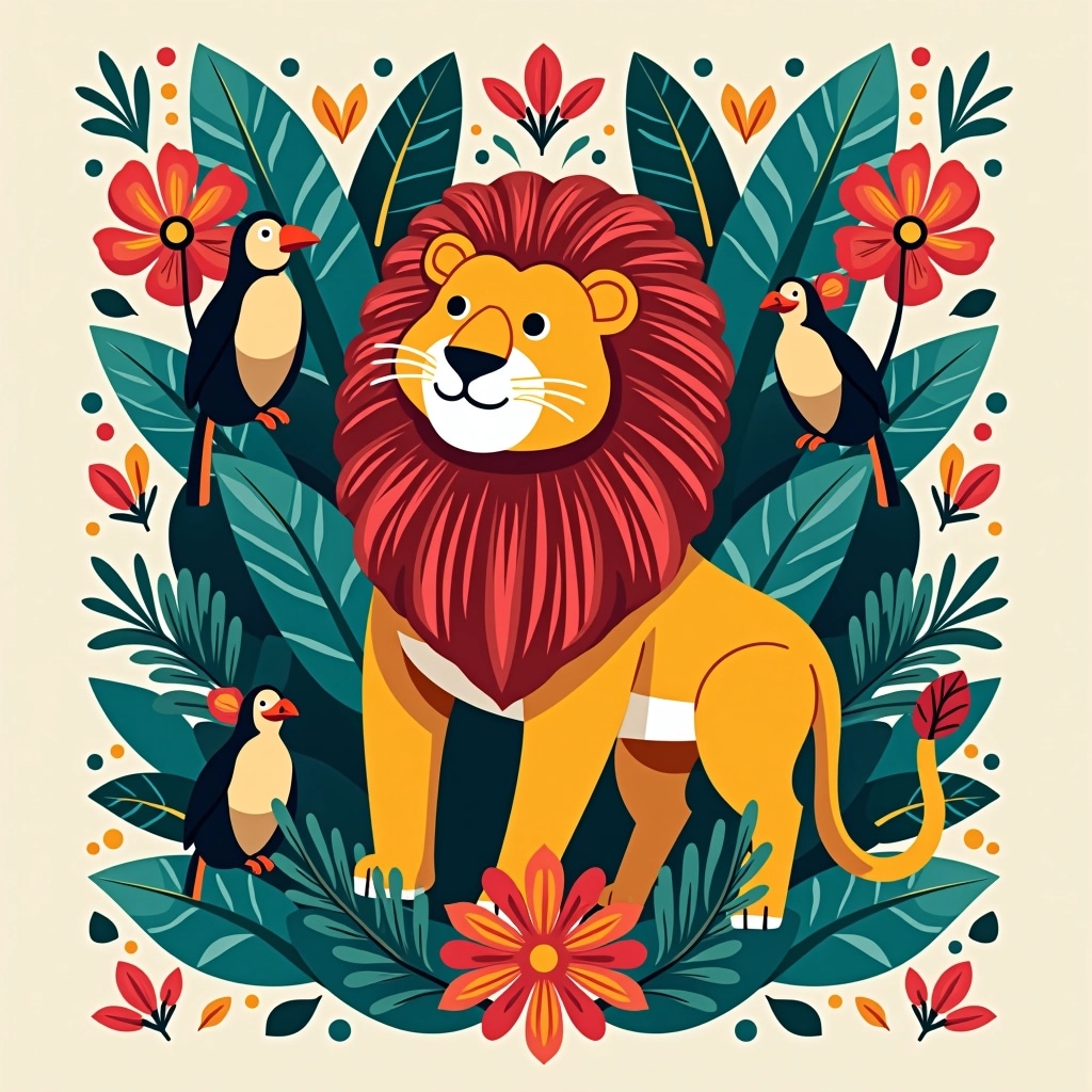Create a design featuring a central large animal, such as a lion, surrounded by smaller animals like monkeys and birds. Incorporate tropical plants, such as palm leaves and vibrant flowers, to frame the composition. Adjust the color palette to include shades of blue and gold, replacing the previous red and green. Add a geometric border with local motifs, avoiding any brand references or specific identifiers. The overall feel should remain lively and colorful, celebrating wildlife and nature.