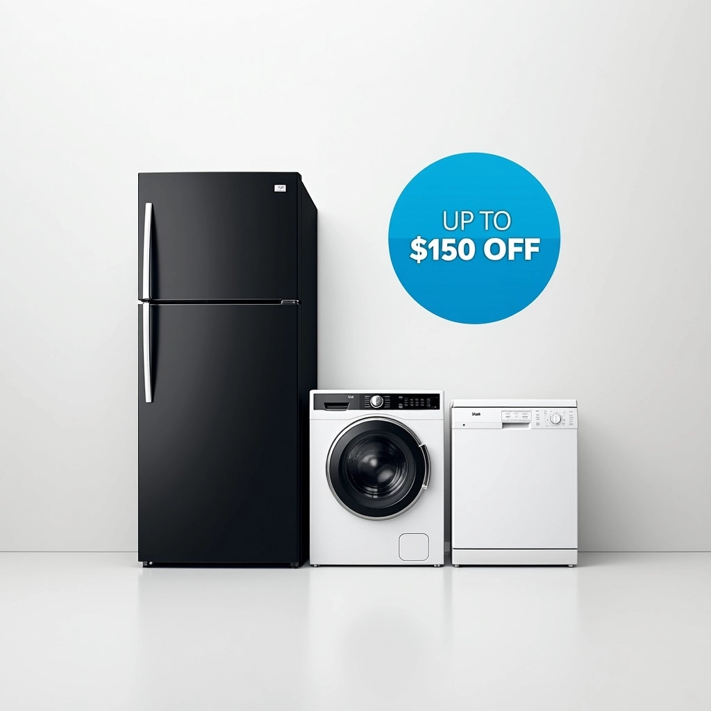 Create an image design featuring a sleek, modern kitchen appliance setup. Include a black refrigerator, a white washing machine, and a white dishwasher, arranged in an arc. Replace the circular badge with a blue one that states "Up to $150 Off" without any brand references. Use a soft gradient background that conveys a contemporary feel, emphasizing cleanliness and efficiency.