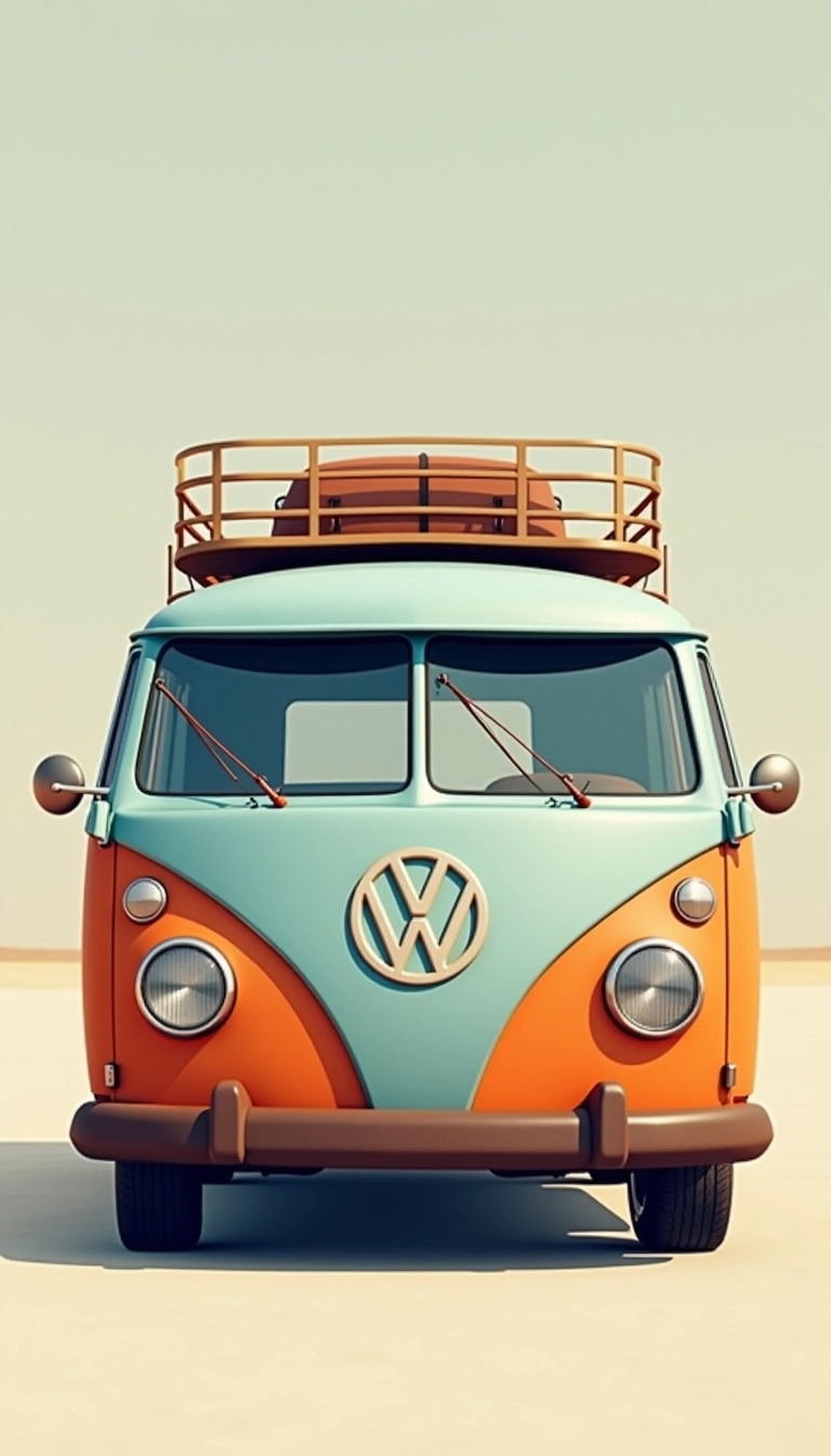 Create a vintage-style minivan with a rounded front and a two-tone color scheme, using pale blue for the top half and deep orange for the bottom half. Add a roof rack with wooden slats for luggage and ensure the headlights are circular but slightly larger. Replace any brand logos with a simple geometric pattern. The windows should have a slight tint, and the overall body design should maintain a retro feel but with a modern twist.