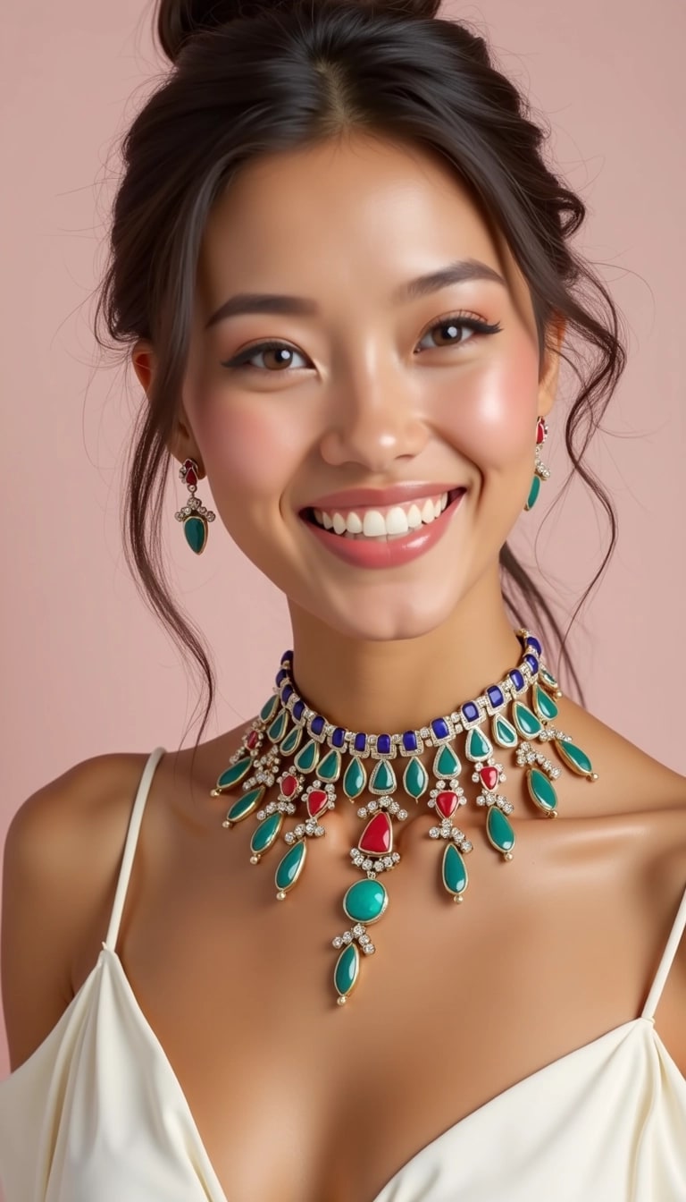 Create an image of a model wearing an embellished choker necklace with a mix of colorful, uneven-shaped stones in place of the original stones. The model should have a soft pink eye makeup look and a warm smile. Change the backdrop to a light pastel color, giving it a softer, more casual feel. The earrings should be simple studs in a contrasting color to the necklace, and the model's outfit should be a light, flowing fabric, different from the original.