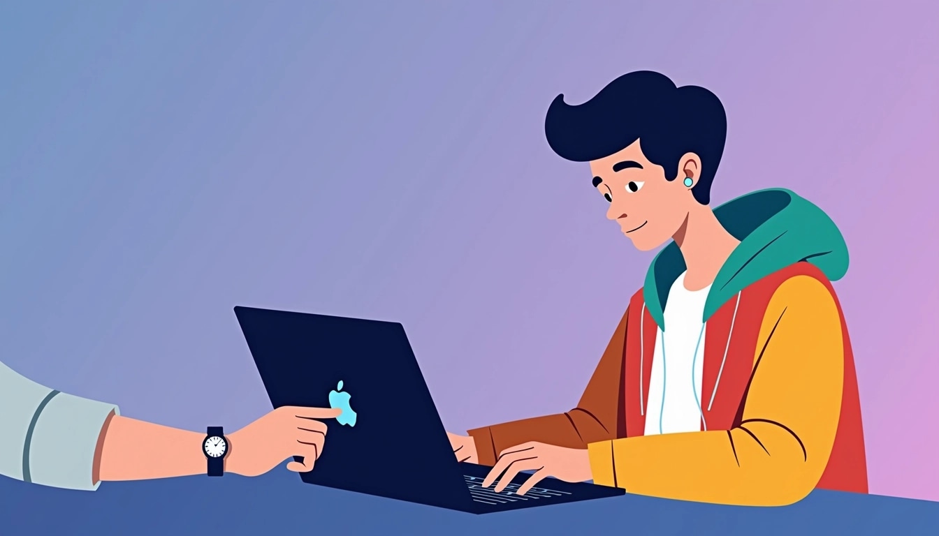 Create an image design featuring a figure with short hair, wearing a colorful hoodie instead of a white shirt, working on a laptop. The background should be a gradient of purple instead of blue. The figure should appear focused, with a subtle smile, and be shown from the side to emphasize the laptop. In the second part of the design, illustrate a hand reaching toward the laptop's trackpad, showcasing a light-skinned hand with a simple watch instead of an earbud. Remove any brand logos or specific references.