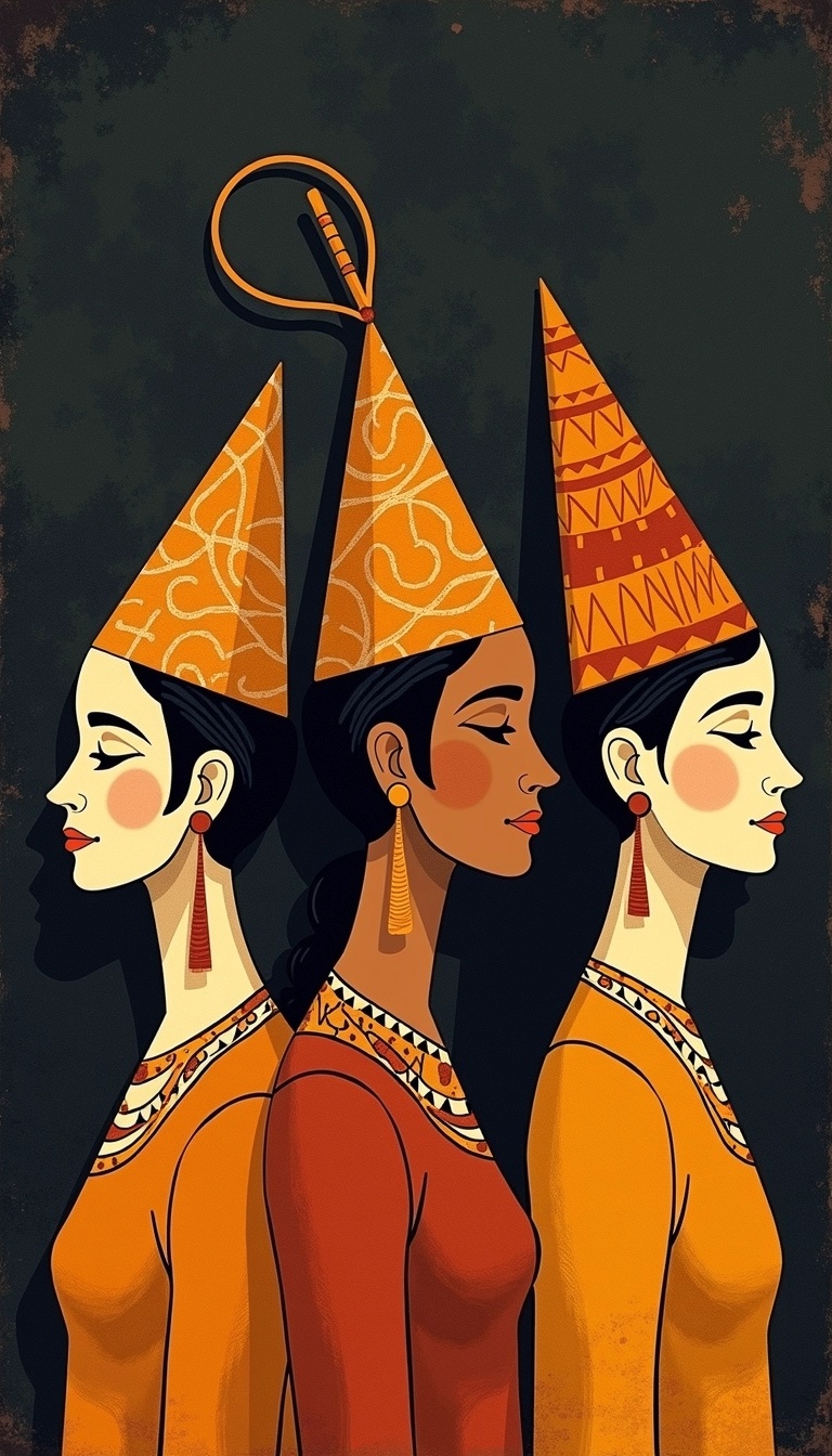 Create an image design featuring three stylized figures in profile view, each with unique headgear and facial hair. The background should be a textured dark color, while the figures are depicted in warm tones like amber or ochre. Alter the headgear to resemble traditional cultural hats, and replace distinct facial features with abstract patterns to maintain anonymity. The overall composition should maintain a harmonious balance, emphasizing the unity of the figures through their alignment and posture while avoiding direct brand references.