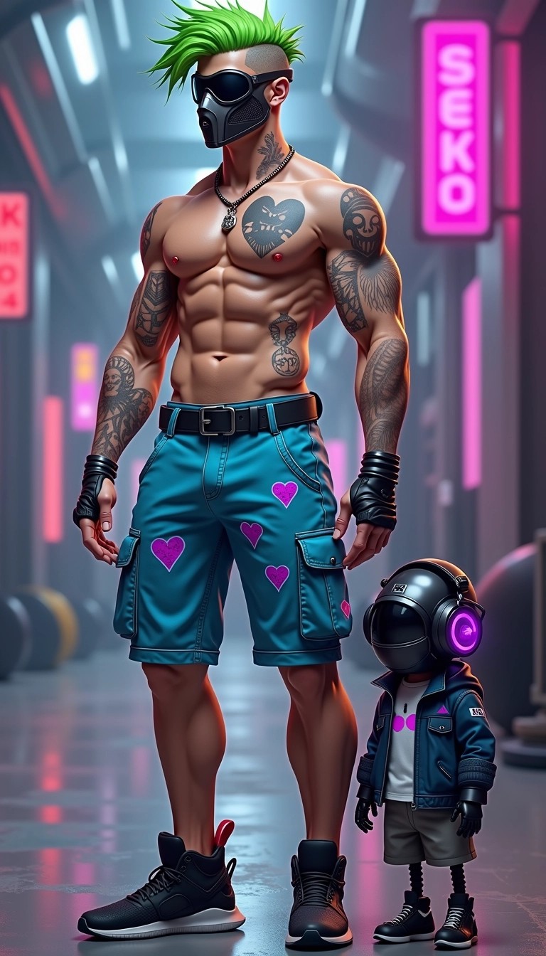 Design a character with spiky green hair and a futuristic visor mask. The character should have a muscular build and be shirtless, showcasing intricate tattoos. Replace the bottom wear with vibrant blue cargo shorts featuring geometric patterns instead of hearts. For footwear, choose sleek black sneakers. Accompany the character with a small robotic companion, designed with bright purple accents and oversized headphones, wearing a stylish jacket. The background should feature a high-tech, abstract environment with glowing elements.