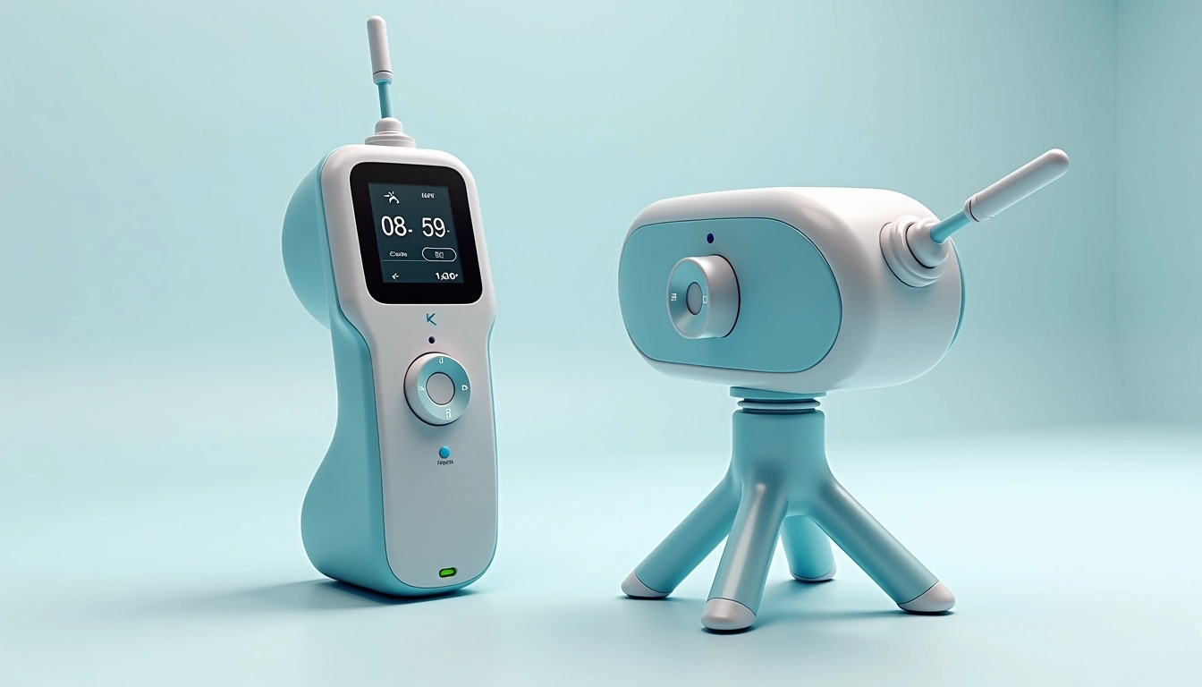 Design a device similar to a viscosity measuring instrument but with these changes:
1. Shape: Use a more rounded, ergonomic design instead of the rectangular screen.
2. Color: Change the color scheme to a light blue and silver finish.
3. Screen: Replace the touchscreen interface with a digital LED display showing simpler readings.
4. Base: Alter the stand to a more streamlined, tripod-style base for better portability.
5. Probe: Modify the measurement probe to have a more flexible, bendable design for easier handling.
6. Functionality: Include a Bluetooth feature for data transfer instead of a wired connection.
Ensure that the overall aesthetic is modern and user-friendly while avoiding any direct brand references.