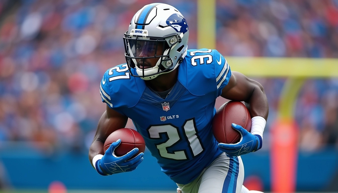 Create an image featuring a football player in motion. Change the uniform color to blue with silver accents, and replace any logos or branded symbols with abstract designs. The player should have a modern helmet with a visor and wear gloves that match the uniform. The background should depict a stadium filled with enthusiastic fans, blurred to emphasize the player. The focus should be on the athlete's dynamic pose as they carry a football, showcasing determination and speed.
