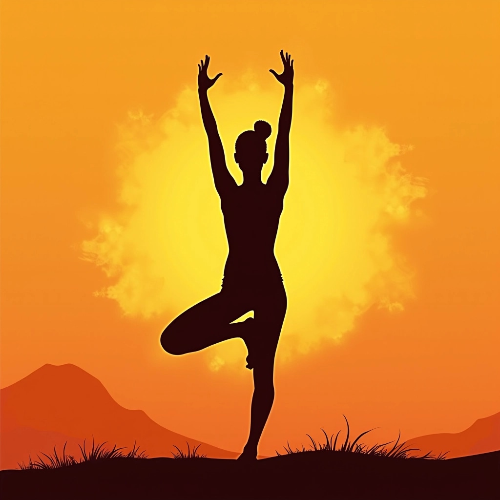 Create an image featuring a silhouette of a person in a dynamic yoga pose, with their arm raised high. The background should be a vibrant gradient transitioning from deep orange to soft yellow, resembling a sunrise. Replace any intricate patterns with abstract swirls or soft brush strokes to evoke a sense of movement. Remove any text or brand references, ensuring the focus remains on the figure and the warm, uplifting colors.