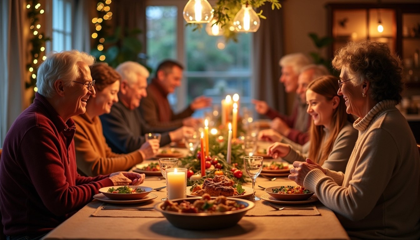 Create a cozy indoor scene featuring a long dining table adorned with a warm tablecloth and a variety of colorful dishes. The table should be set with flickering candles and rustic dinnerware.
Instead of a holiday gathering, depict a cheerful family reunion with a diverse group of people, including a smiling elderly man, a joyful young girl, and a mix of adults engaged in conversation and laughter. Change the background to a softly lit room with fairy lights and decorative garlands. The atmosphere should evoke warmth and togetherness, capturing the essence of shared meals and heartfelt connections.