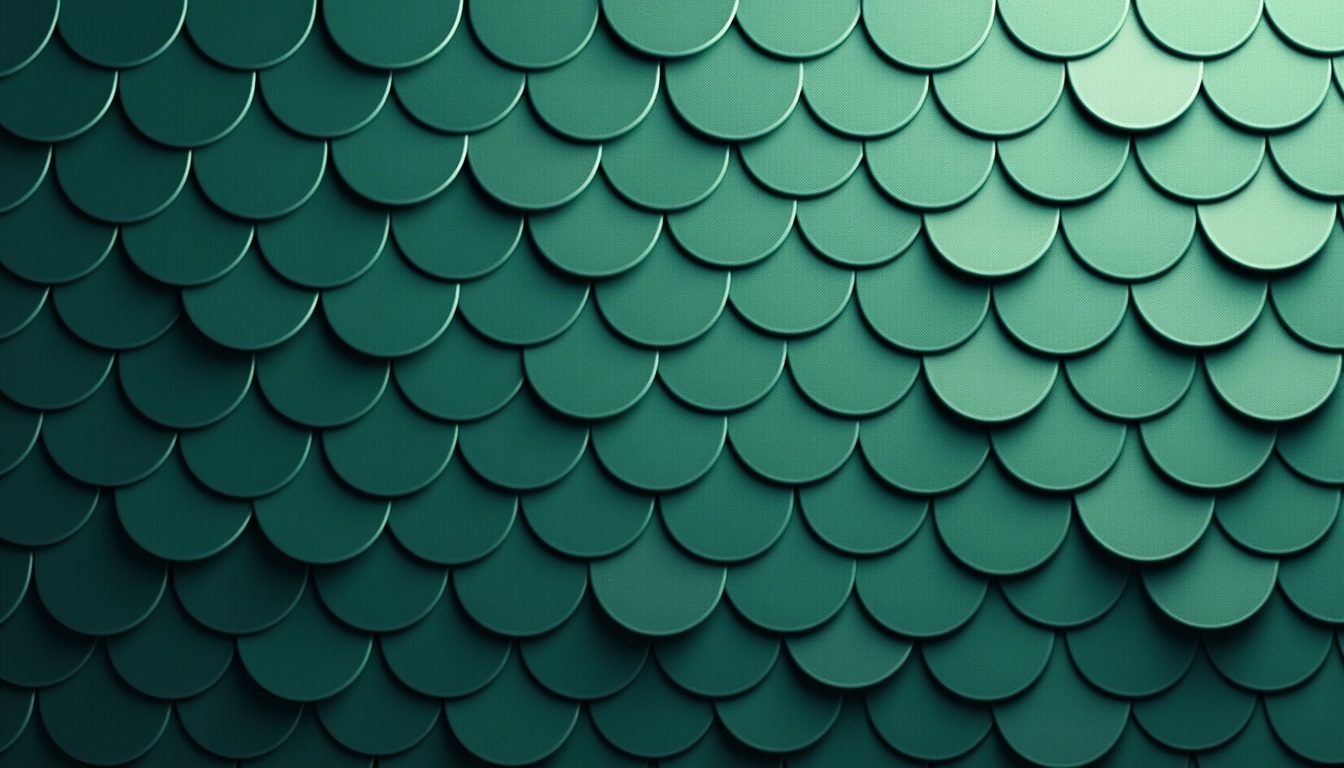 Create a textured background featuring overlapping, rounded scales arranged in a staggered pattern. Change the color scheme to a gradient of deep emerald green to lighter teal. Modify the scale shape to be slightly more elongated and add a subtle shadow effect for depth. Ensure the overall appearance remains smooth and polished, but remove any brand references or identifiable logos.