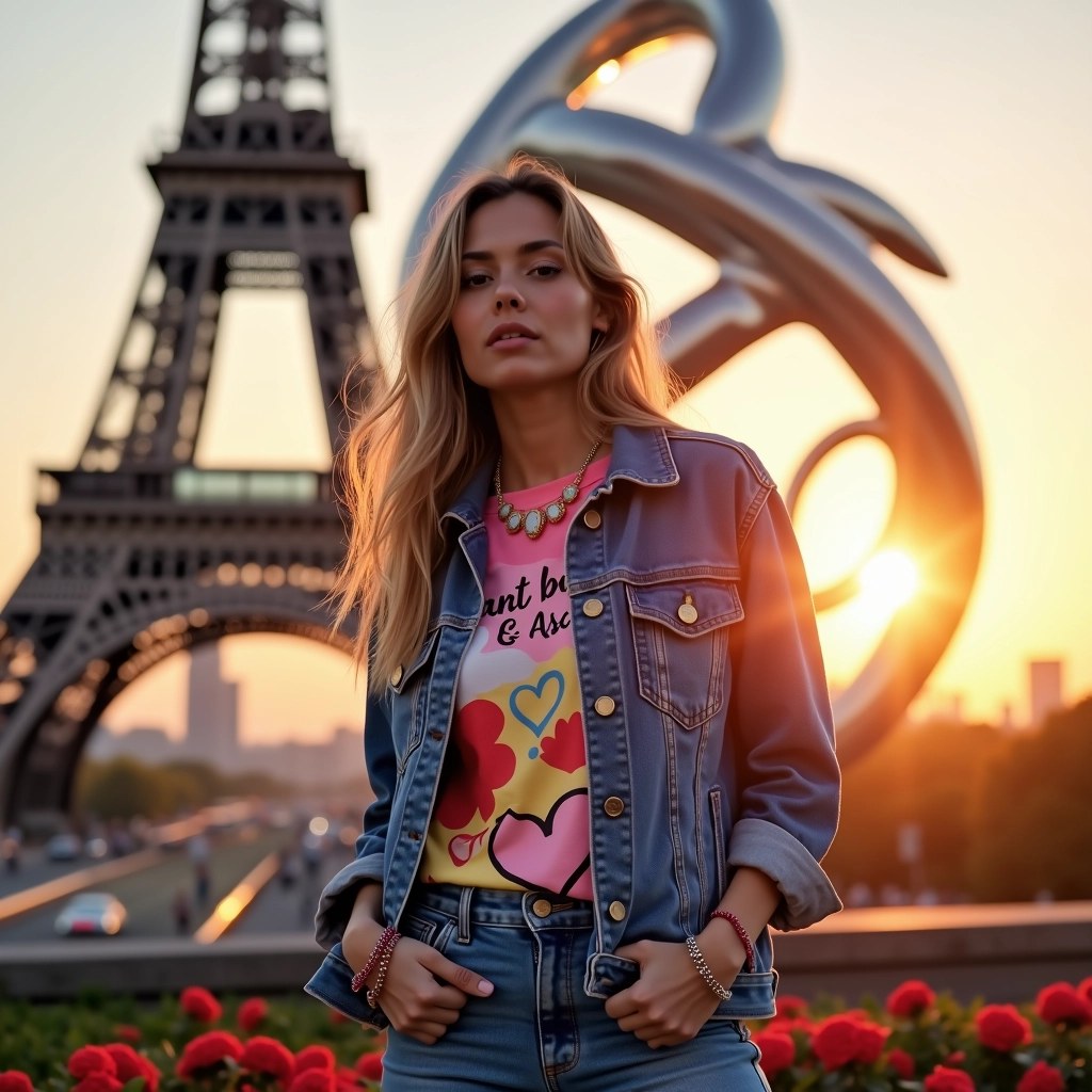 1. **Setting**: Change the backdrop to a large, modern sculpture or monument instead of the Eiffel Tower, with the sun rising behind it to create a glowing effect.
2. **Model's Outfit**: Replace the leather jacket with a vibrant, oversized denim jacket and change the t-shirt to a colorful, graphic tee featuring abstract art instead of text.
3. **Pose and Expression**: Alter the model’s pose to a casual, relaxed stance with a slight smile rather than a serious look.
4. **Color Palette**: Adjust the color tones to be warmer, with hues of orange and pink highlighting the sunrise, creating a more cheerful and inviting atmosphere.
5. **Background Details**: Incorporate elements like greenery or blooming flowers in the foreground for added vibrancy instead of a cityscape.
6. **Accessories**: Swap the model’s choker for a statement necklace and add some fun bracelets to reflect a youthful vibe.
7. **Lighting**: Enhance the lighting effect to create a soft, dreamy halo around the sculpture, emphasizing the early morning glow.