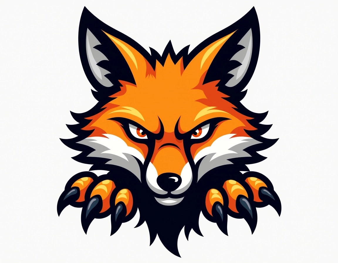 Create a fierce animal design featuring a fox instead of a wolf. The fox should have exaggerated features, such as large, sharp ears and an intense stare. Alter the fur coloration to include vibrant orange and black accents, and give it a more playful yet aggressive posture with its paws appearing to swipe forward. Remove any specific branding elements and maintain a bold, graphic style suitable for a sports team logo.