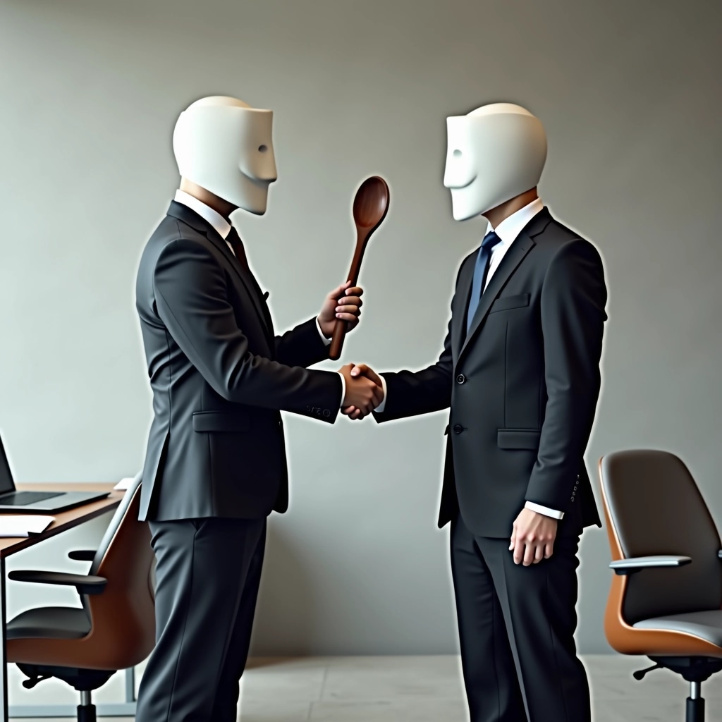 Create an image featuring two individuals dressed in formal attire, both wearing plain white masks with neutral expressions. They are standing in an office environment, shaking hands while each holds a large, blunt prop (like a wooden spoon) instead of knives. The background includes a modern desk with a laptop and scattered paperwork, and there are two sleek chairs nearby. The setting should have a minimalistic design with soft gray wallpaper to maintain a professional atmosphere.