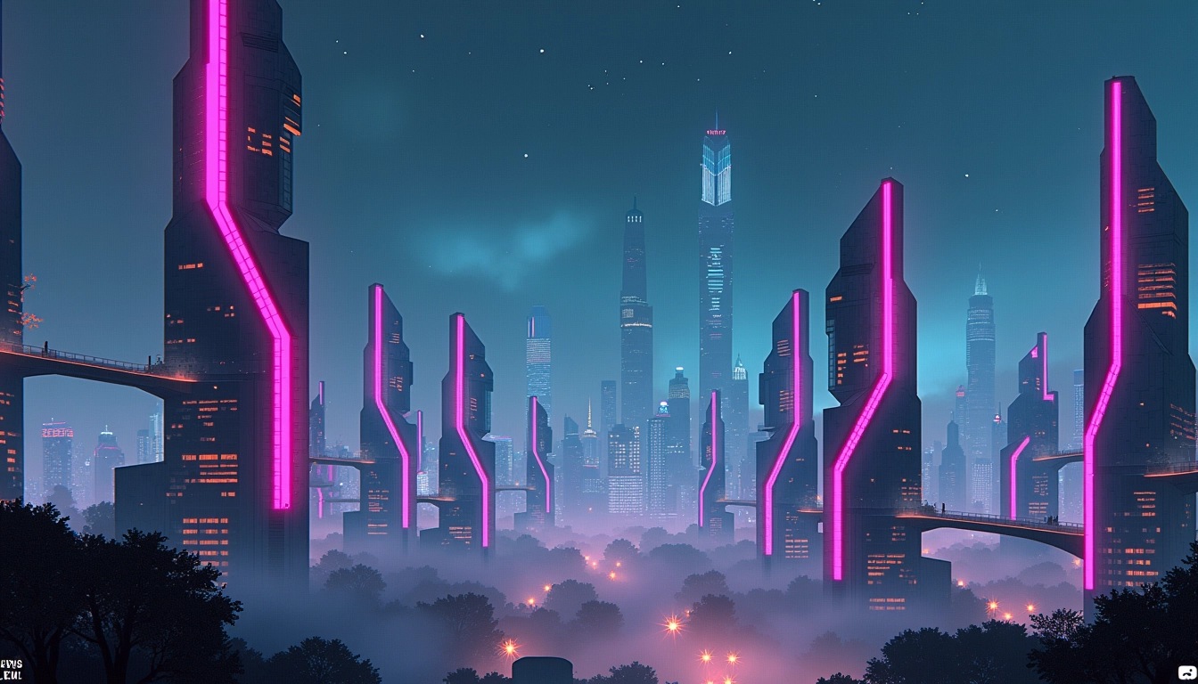 Create a futuristic city skyline at night featuring tall, angular buildings with a mix of glass and metal surfaces. Replace the bright pink neon lights with a gradient of teal and purple lights that outline the structures. Introduce a few unique architectural elements, such as curved towers and floating walkways. Add a starry sky above, and incorporate a subtle fog layer to create depth and atmosphere. Remove all brand references.