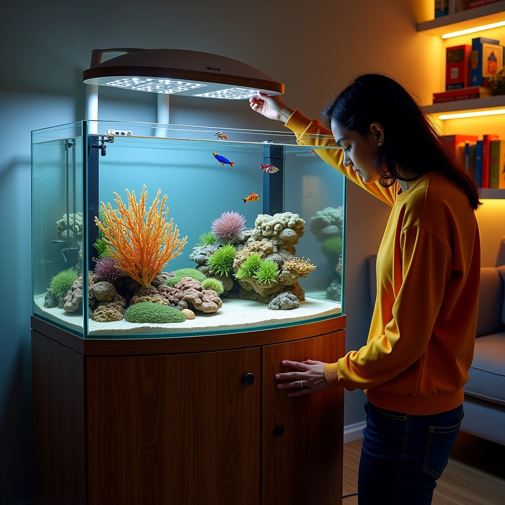 **Image Design Breakdown Prompt:**
1. **Setting:** Create a cozy indoor environment with a minimalistic design.
2. **Aquarium:** Change the aquarium design to a circular tank instead of a rectangular one. The top should have a smooth dome shape with integrated lighting that softly illuminates the tank.
3. **Contents of the Tank:** Add colorful coral formations and a variety of small, exotic fish instead of plants and standard fish.
4. **Person:** Depict a person of varying hair color and wearing a bright, solid-colored shirt, instead of stripes. They should be focused on adjusting the lighting above the aquarium.
5. **Furniture:** Use a sleek, modern wooden stand to hold the aquarium, featuring a darker wood finish.
6. **Background:** Replace the plain wall with a decorative wallpaper featuring a subtle aquatic theme and include some shelves with colorful books or decor items.
7. **Lighting:** Use warm ambient lighting in the room to create a welcoming atmosphere, avoiding any harsh fluorescent lights.
This design should evoke a tranquil and stylish vibe while engaging with the aquarium hobby.