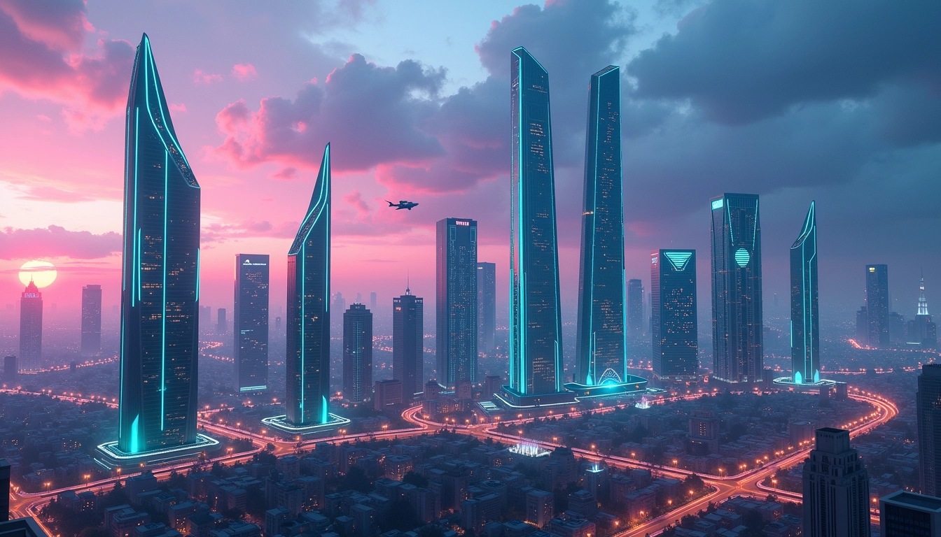 Create a futuristic city skyline at dusk, featuring tall skyscrapers with smooth, angular designs. Incorporate vibrant blue and green neon lights along the edges of the buildings instead of pink. Add a few flying vehicles in the sky for a dynamic touch, and ensure the overall atmosphere is energetic with a blend of glass and metal surfaces. Remove any identifiable branding or logos from the scene.