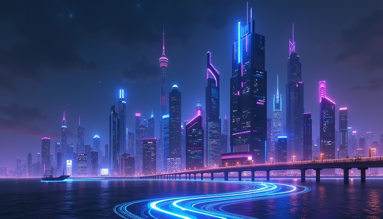 Create a futuristic city skyline featuring tall, angular buildings with a mix of bright blue and purple neon lights. The structures should have asymmetrical designs and varying heights. Include a dark, starry sky as the backdrop, and a few glowing elements that resemble flowing circuits on the buildings. The overall atmosphere should evoke a sense of advanced technology and vibrant energy, without any specific brand references.