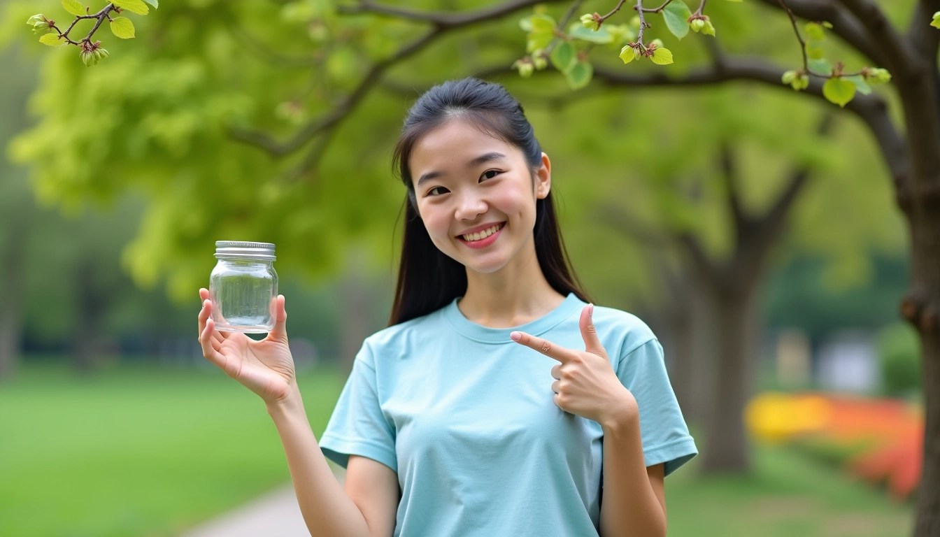 Design Prompt:
Create an image featuring a young woman standing outdoors in a vibrant green park. She is wearing a plain light blue t-shirt and has her long black hair tied back. In her right hand, she holds up a simple, unbranded glass jar with a lid, while pointing at it with her left hand, showcasing a friendly smile. The background includes a lush tree with budding leaves and some colorful flowers peeking through the greenery, giving a cheerful and inviting atmosphere.