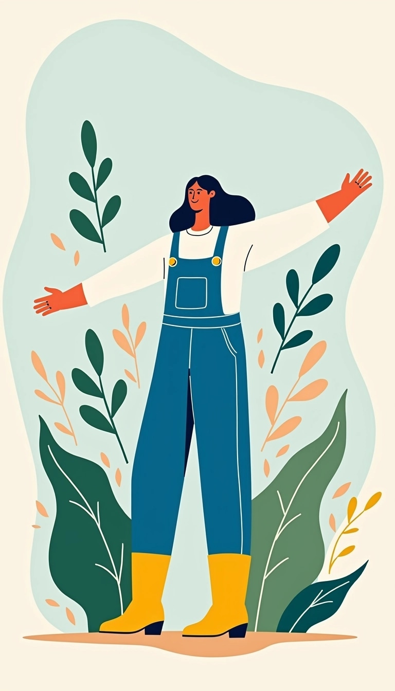 Create an illustration featuring a figure in vibrant blue overalls with bright yellow boots. The figure should be depicted in a dynamic pose, suggesting movement, with their arms outstretched. Surround the figure with abstract shapes resembling swirling leaves in shades of green and gold. The background should be a soft gradient of light blue and white, giving a sense of openness and freedom.