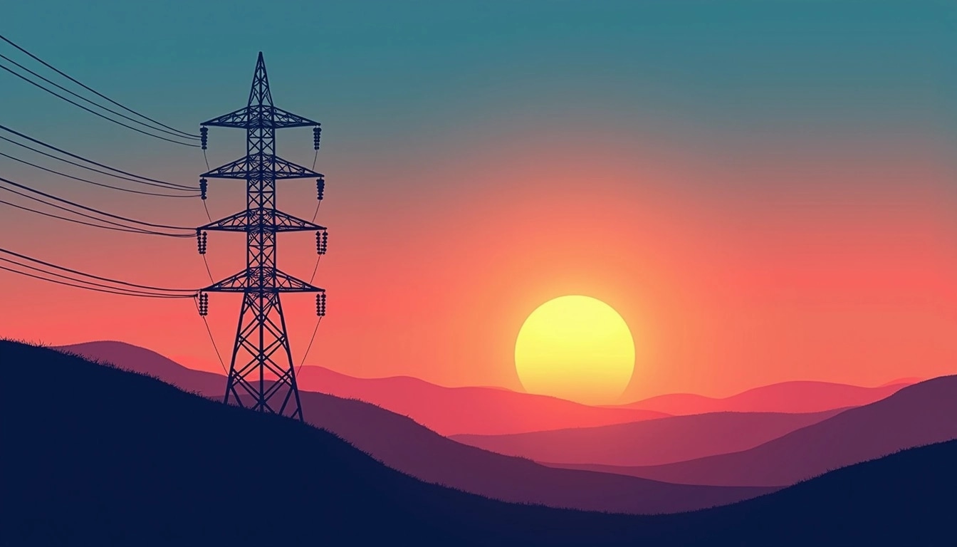 Create an image featuring a tall, abstract tower silhouette against a gradient sunset sky, transitioning from deep blue at the top to vibrant orange at the horizon. Replace the original tower with a more geometric design, using smooth curves instead of sharp angles, and ensure the power lines are replaced with softly glowing orbs hanging along the sides. Remove any visible brand references. The foreground should have subtle, rolling hills silhouetted against the colorful sky, adding depth to the scene.