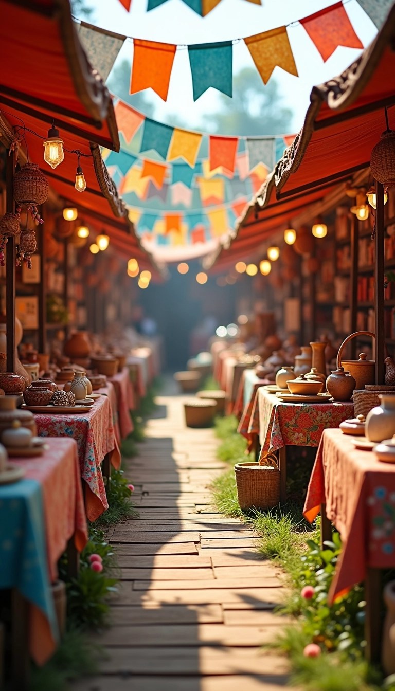 Design a vibrant marketplace scene featuring a variety of stalls filled with handmade crafts. Change the decor to include colorful banners hanging above, with soft fairy lights illuminating the space. Use different textures for the tablecloths, perhaps featuring floral patterns instead of geometric designs. Replace the items on display with unique pottery, woven baskets, and bright trinkets, ensuring no brand names are visible. The ground should be a warm wooden floor rather than grass, providing an inviting atmosphere.