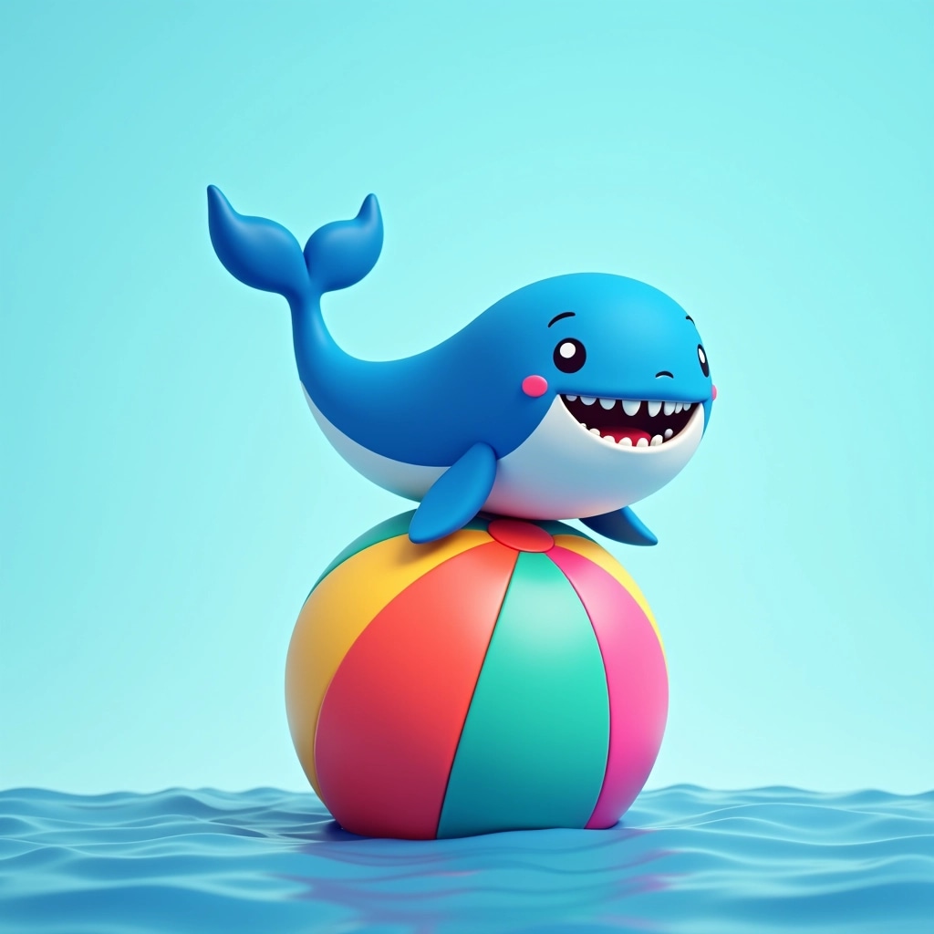 Create an image featuring a vibrant blue whale balancing on a large, multicolored beach ball. The whale should be looking joyful, with its tail slightly arched. The beach ball should have a variety of bright colors, arranged in a spiral pattern instead of stripes. The background should be a simple gradient of ocean blue, enhancing the whimsical scene.