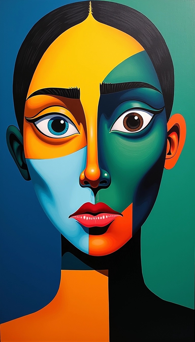 Create an abstract painting featuring a fragmented face with exaggerated features, showing vivid colors like deep blue, bright yellow, and dark green in the background. Include rounded shapes and lines that contrast with sharp angles, and introduce a surreal element, like a floating geometric shape. The overall composition should evoke a sense of tension and emotion without any identifiable brand elements.