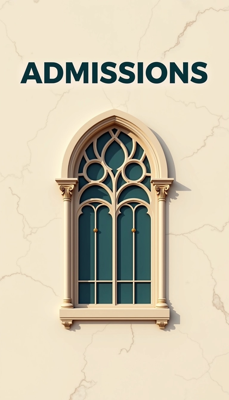 Design an image featuring the word "ADMISSIONS" in bold, sans-serif font at the top. Below, include a stylized decorative window with geometric patterns and subtle gold accents. Change the background color to a soft cream and replace any marble textures with a smooth, matte finish.