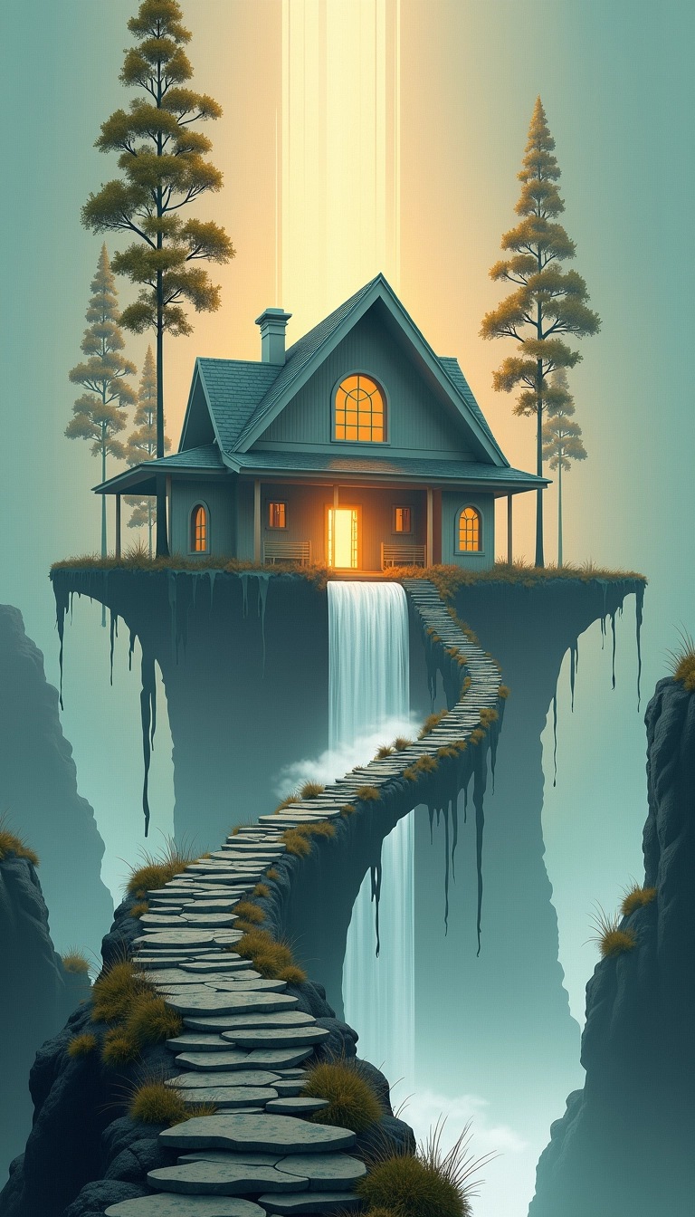 Create a surreal architectural illustration featuring a house with a unique structure resembling a zigzag pathway. Replace the original pillars with tall, slender trees that grow upwards along the path. Instead of a water feature flowing down, depict light beams cascading from the roof, creating an ethereal glow around the house. The surrounding area should have a soft, misty atmosphere with abstract shapes and patterns in the background, enhancing the dreamlike quality. Keep the shading and perspective consistent for depth.
