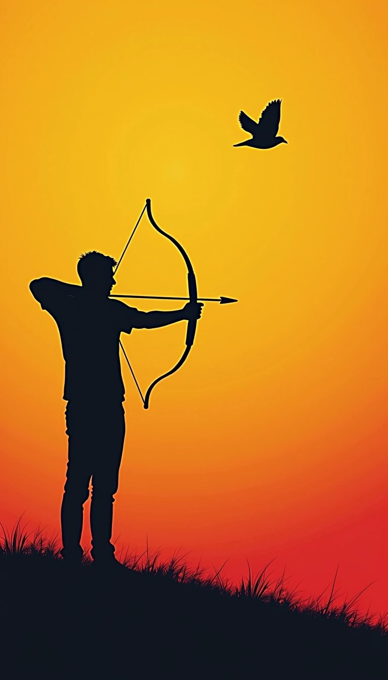Create an image featuring a silhouette of a person aiming a slingshot instead of a bow and arrow. Utilize a gradient background transitioning from bright orange to deep yellow, replacing the solid red. Instead of a bird, include a small butterfly in flight. Remove any text and branding from the design for a clean finish.