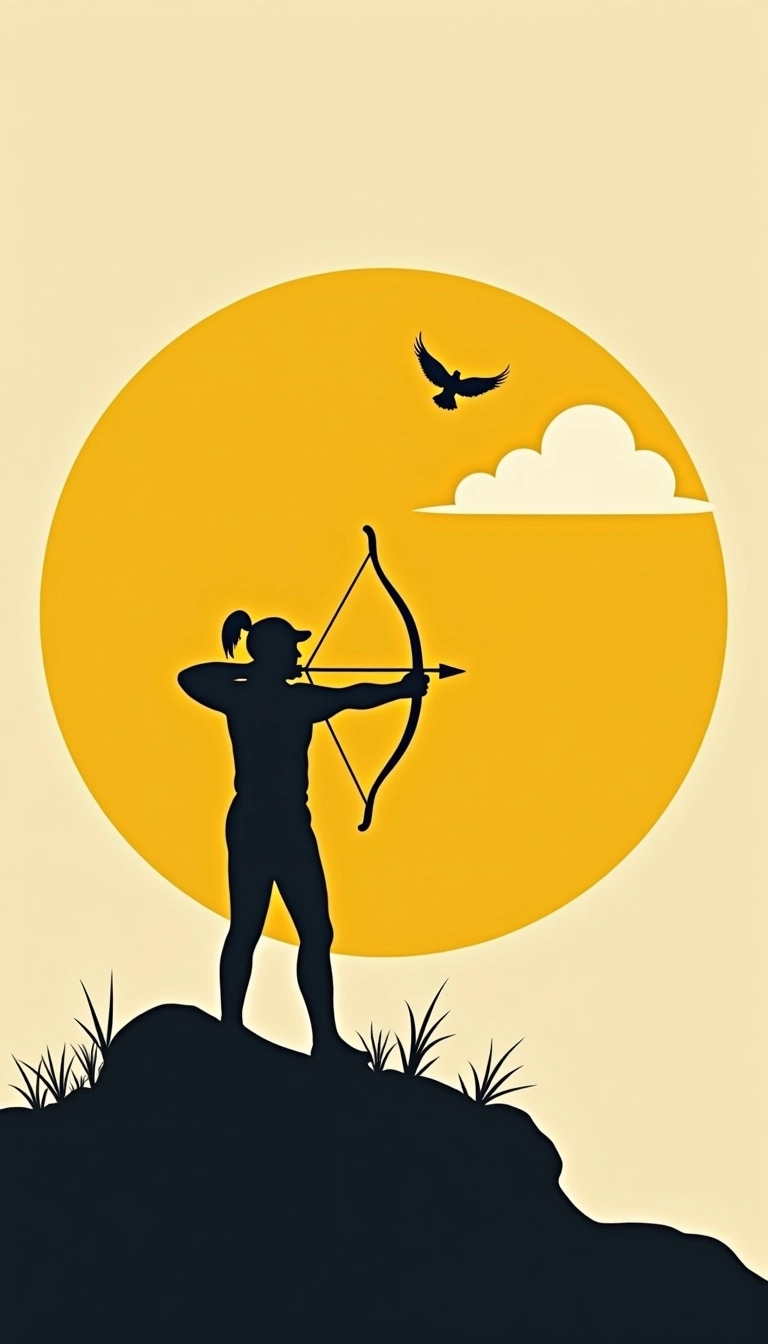 Create an illustration featuring a silhouette of a person aiming with a longbow against a large yellow circle. Instead of a bird, incorporate a small cloud in the background. Keep the silhouette black but change the outline of the person to show them in a dynamic pose, as if they're about to release the arrow. Ensure the overall composition is balanced, with the circle centered and the figure slightly off to the side for visual interest. Remove any brand references or text.
