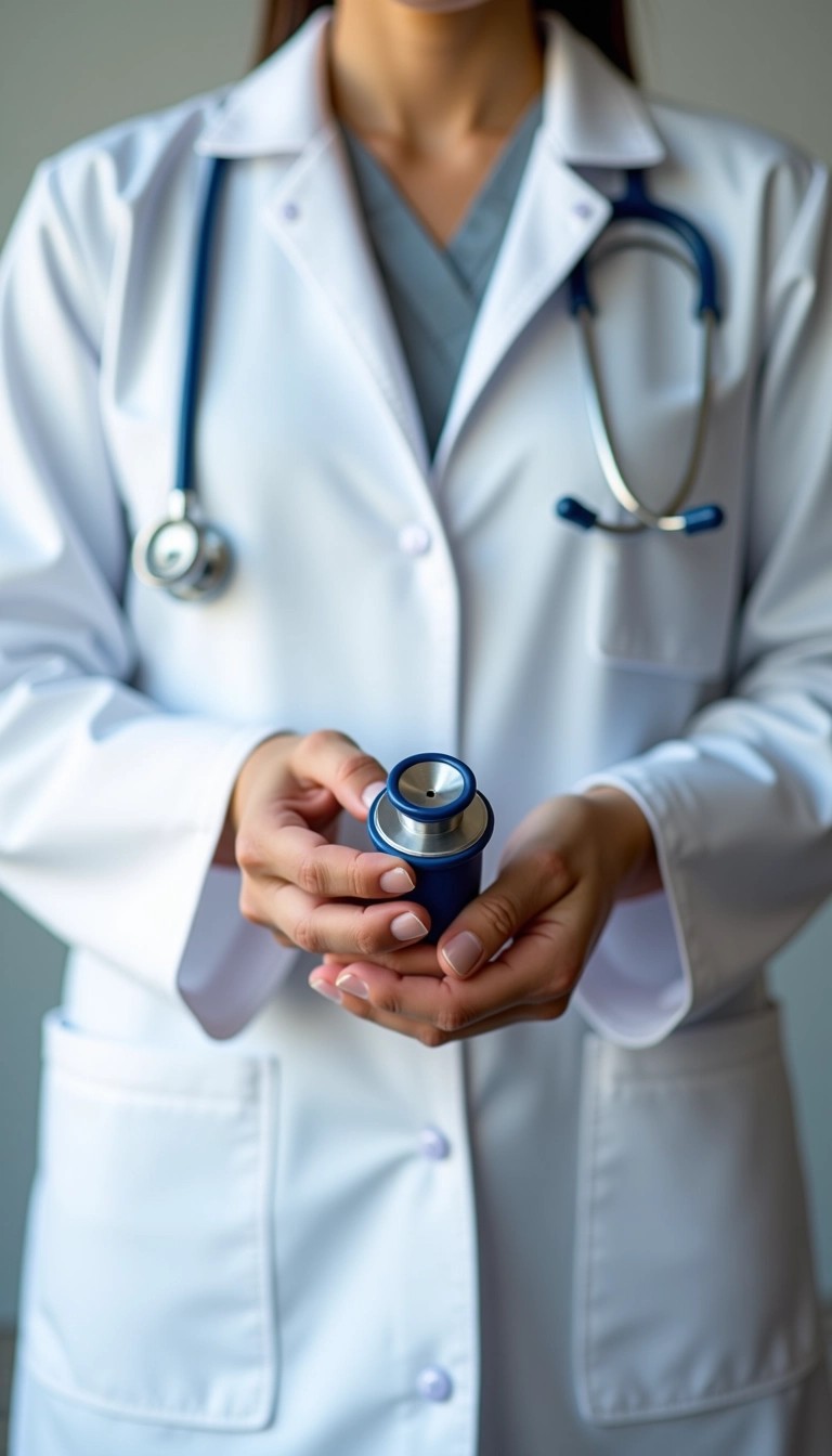 Create an image featuring a close-up of a person holding a stethoscope in front of their white lab coat. The coat should be plain, with no logos or text, and the person should be wearing a simple, solid-colored shirt underneath the coat. The stethoscope should be a different color, such as blue, with a classic design. Ensure the background is a soft, neutral color to keep the focus on the figure and the stethoscope. The hands should be positioned to show a gentle grasp of the stethoscope, conveying a sense of professionalism and care.