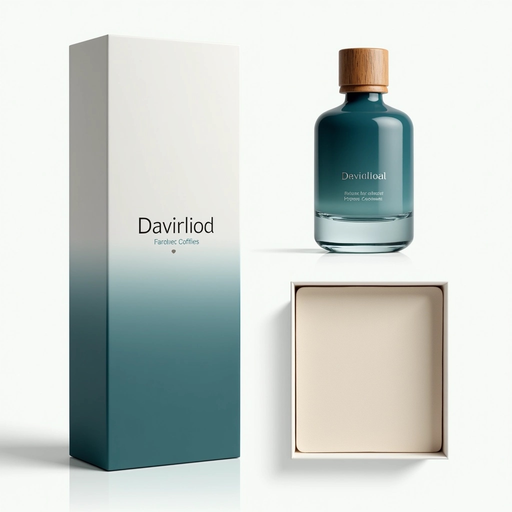 Design a perfume bottle and packaging featuring the following changes:
1. **Bottle Shape**: Alter the bottle shape to a more rounded silhouette, giving it a softer and more organic appearance.
2. **Color Scheme**: Change the color of the liquid to a deep teal, and modify the packaging to a matte finish with a gradient from dark blue at the bottom to light blue at the top.
3. **Label Design**: Replace the existing typography with a minimalist sans-serif font, and use a silver foil for the text on a clear label.
4. **Cap Style**: Introduce a wooden cap with a natural finish for a rustic touch.
5. **Box Design**: Adjust the box to be a simple, elegant white with a magnetic closure, removing any bold lines or patterns.
6. **Interior Texture**: Change the interior lining of the box to a plush cream fabric for a luxurious feel.
This design should evoke a modern and sophisticated aesthetic while removing specific brand references.