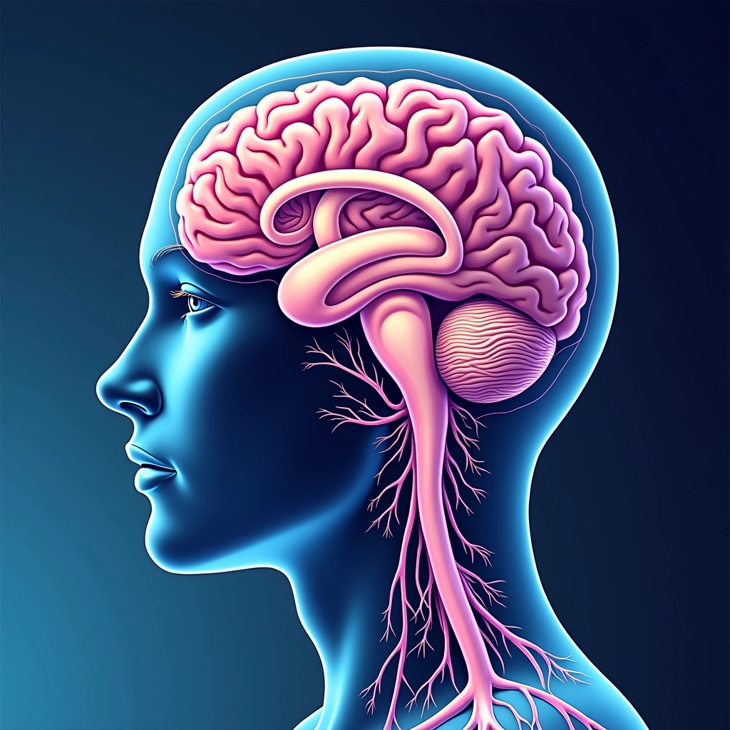 Create an illustration of a human head in profile, featuring an intricate cross-section that reveals the brain, nerves, and major arteries. Instead of showing the brain as it is, depict it with stylized, geometric patterns. Modify the colors to a cooler palette with shades of blue and purple instead of the natural brain colors. Change the background to a gradient that transitions from dark blue at the top to light blue at the bottom, creating a more abstract, surreal effect. Remove any recognizable brand logos or references.