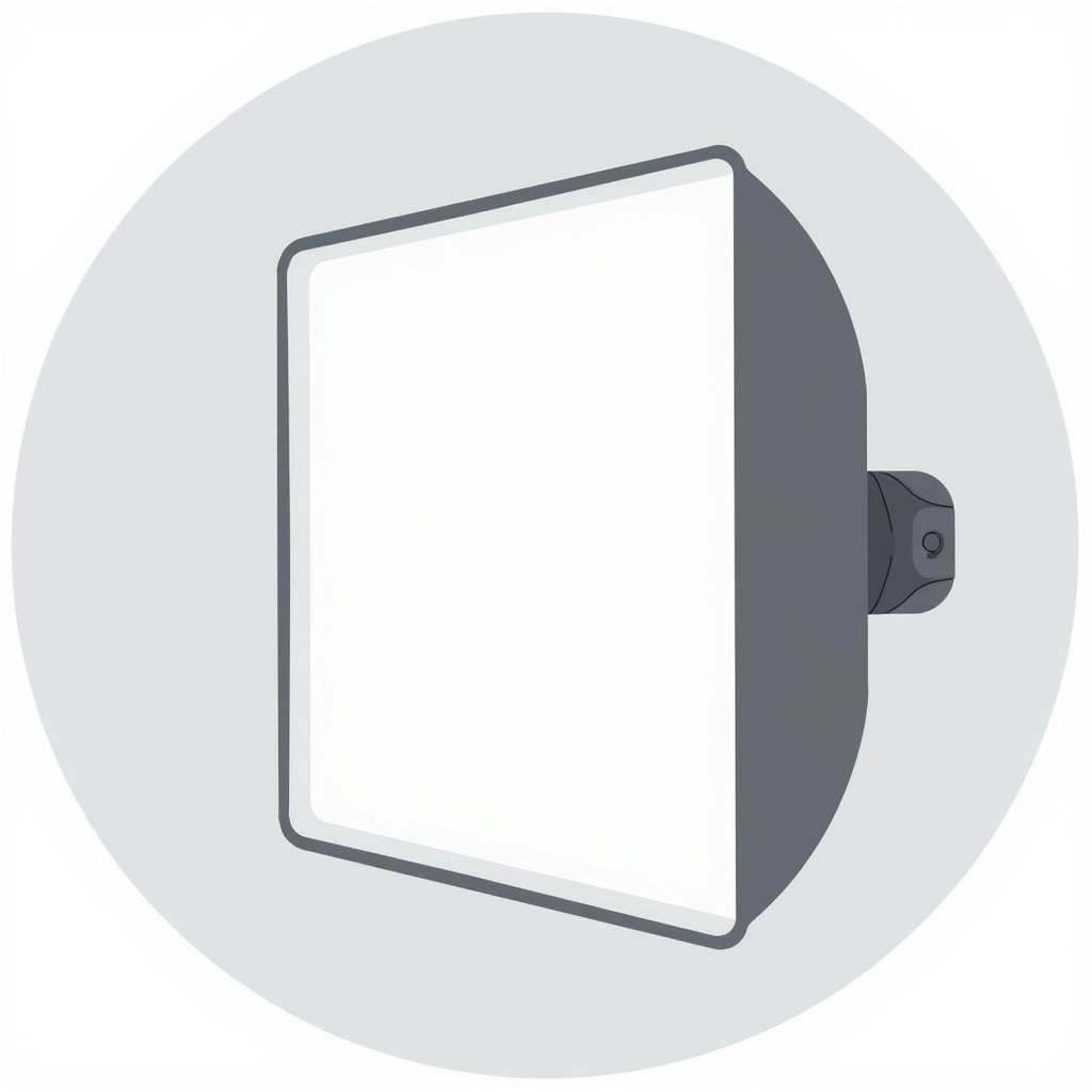 Design a circular graphic featuring a modified softbox light. Change the shape of the softbox to a more rectangular form with rounded corners, and use a matte finish instead of a glossy one. Remove any brand identifiers and replace the color in the circular background with a light gray. Add a simple clamp design on the side, differing from the original design. Keep the illustration style consistent.