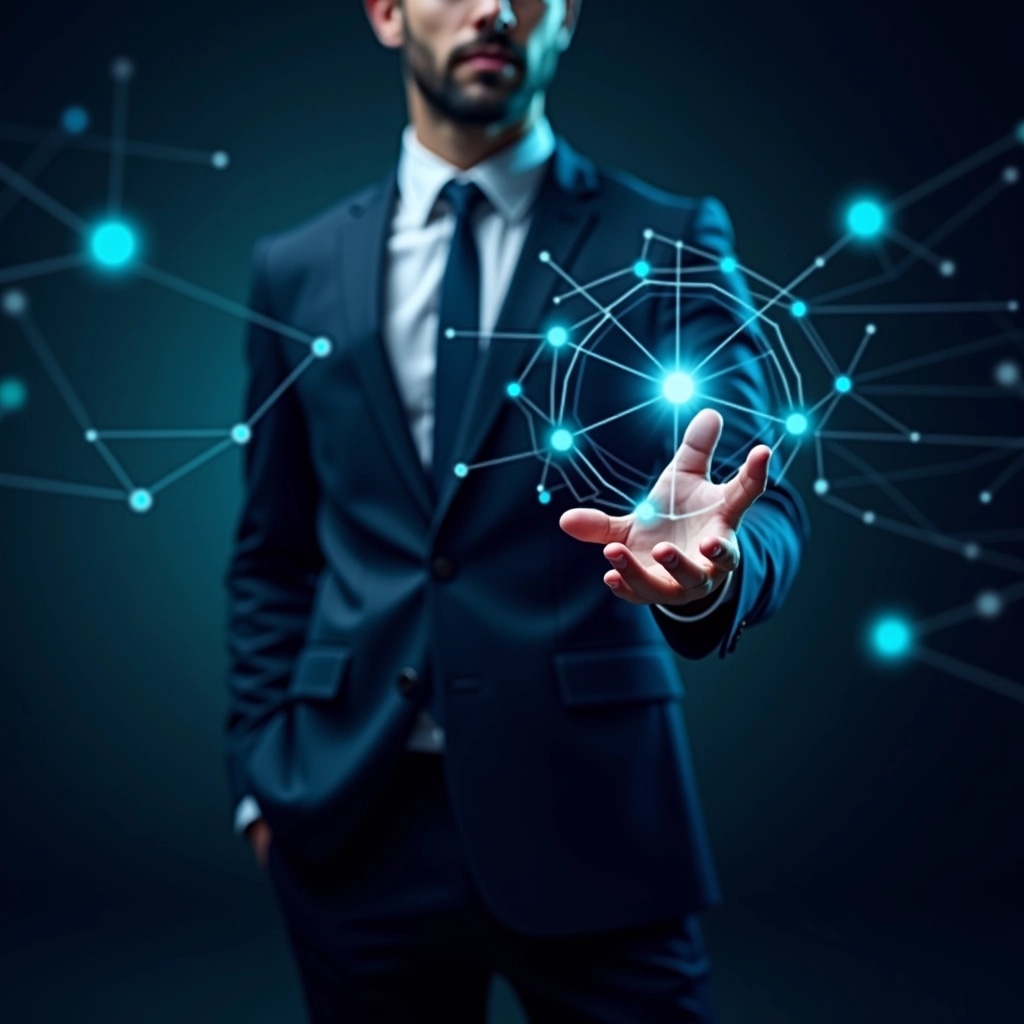 **Prompt:**
Design an image featuring a business professional in formal attire within a high-tech environment. The background should be a gradient of deep blue and black, creating a modern ambiance.
In the foreground, have the individual reaching out with one hand, as if interacting with a digital interface. Replace the text "NLP" with "AI Technology" and "Natural Language Processing" with "Intelligent Communication."
Incorporate abstract geometric shapes and a network of connected dots to emphasize innovation and connectivity. Make sure the elements appear luminous and interactive, emphasizing the theme of advanced technology without any brand references.