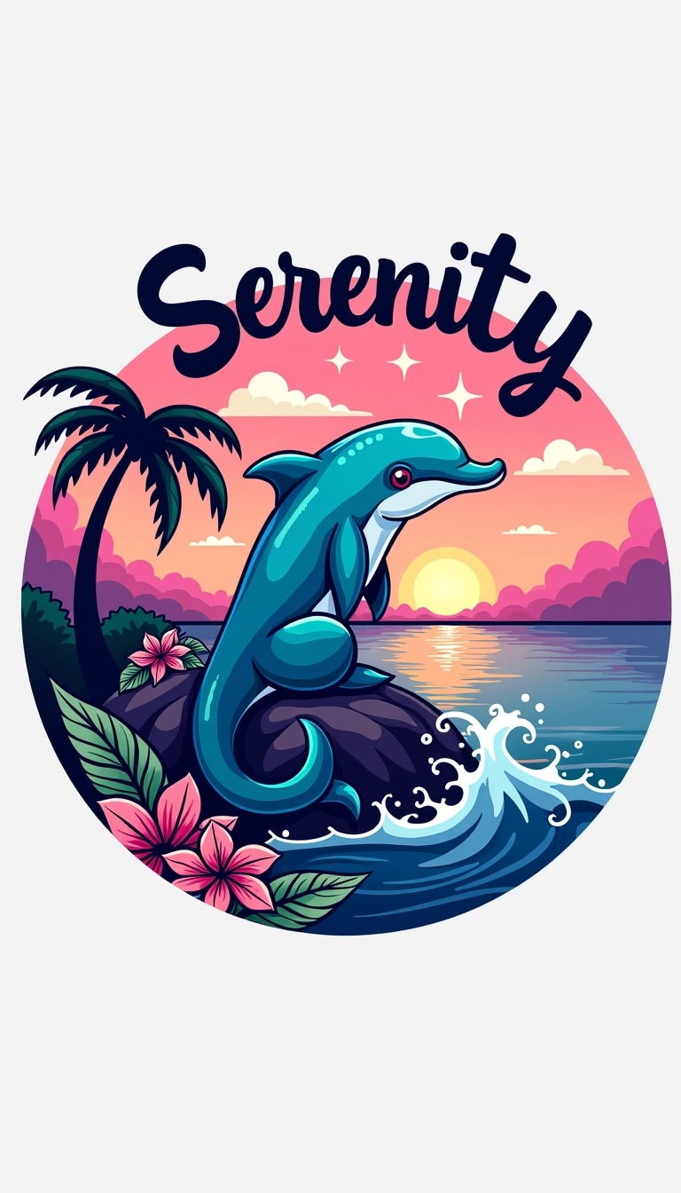 Design a circular logo featuring a mythical sea creature sitting on a rock. Change the creature to a whimsical dolphin with vibrant colors. Replace the background with a sunset featuring pink and purple hues. Remove the palm trees and include stylized waves crashing around the creature. Add sparkles in the sky and a few whimsical clouds. Use a playful, handwritten font for the word "Serenity" at the top of the design. At the bottom, include tropical flowers for a touch of nature.