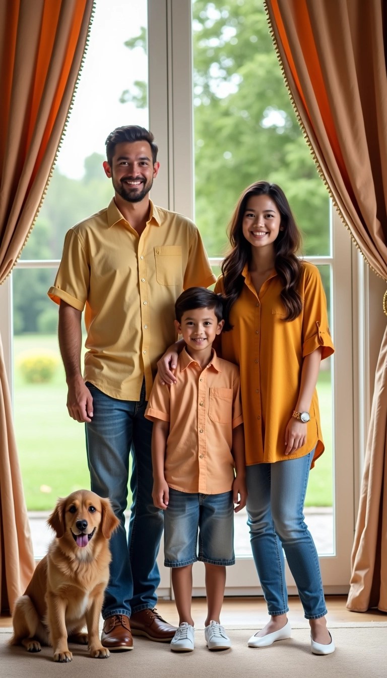 Create an image featuring a family of four posing together in an elegant setting. Change the following features:
1. Alter the attire to be casual yet stylish, such as colorful shirts and jeans.
2. Replace the background with a park or outdoor scene, with trees and grass instead of curtains.
3. Include a playful dog beside the family instead of a child actively posing.
4. Adjust the lighting to be bright and sunny for a cheerful atmosphere.
Ensure there are no brand references in the image.