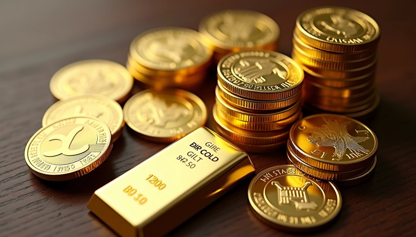 Create an image featuring a collection of shiny, round gold coins stacked in a neat pile alongside a few rectangular gold bars. The coins should have generic designs, such as abstract patterns or symbols, rather than specific animals or national insignia. Remove brand names and labels, and ensure the gold bars are simply marked with a number indicating weight, without any brand identification. The background should be a smooth, dark wooden surface to enhance the luxurious appearance of the gold.