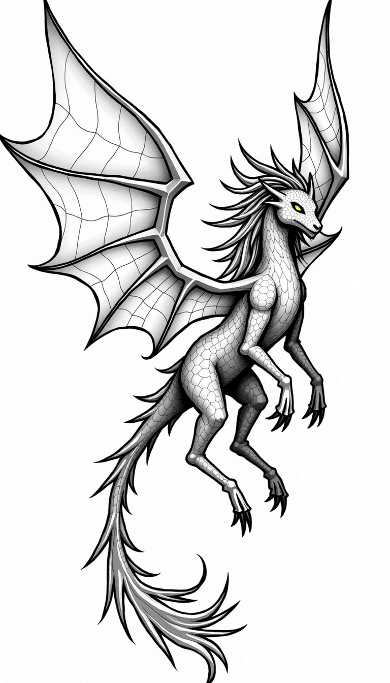 **Design Concept Prompt:**
Create a stylized mythical creature with large, intricate wings resembling those of a dragon. The creature should have an elongated, slender body, with a textured, fur-like tail ending in a sweeping flourish. Its face should express a mix of fierce and mystical traits—large, glowing eyes and long, flowing hair that appears to move as if caught in a breeze. The limbs should be muscular and dynamic, posed as if the creature is mid-leap or flight. Use bold line work to emphasize the details of the wings and body, incorporating geometric patterns and textures throughout, while maintaining a black and white palette for a striking contrast. The overall composition should convey a sense of energy and otherworldliness, inviting intrigue and awe.