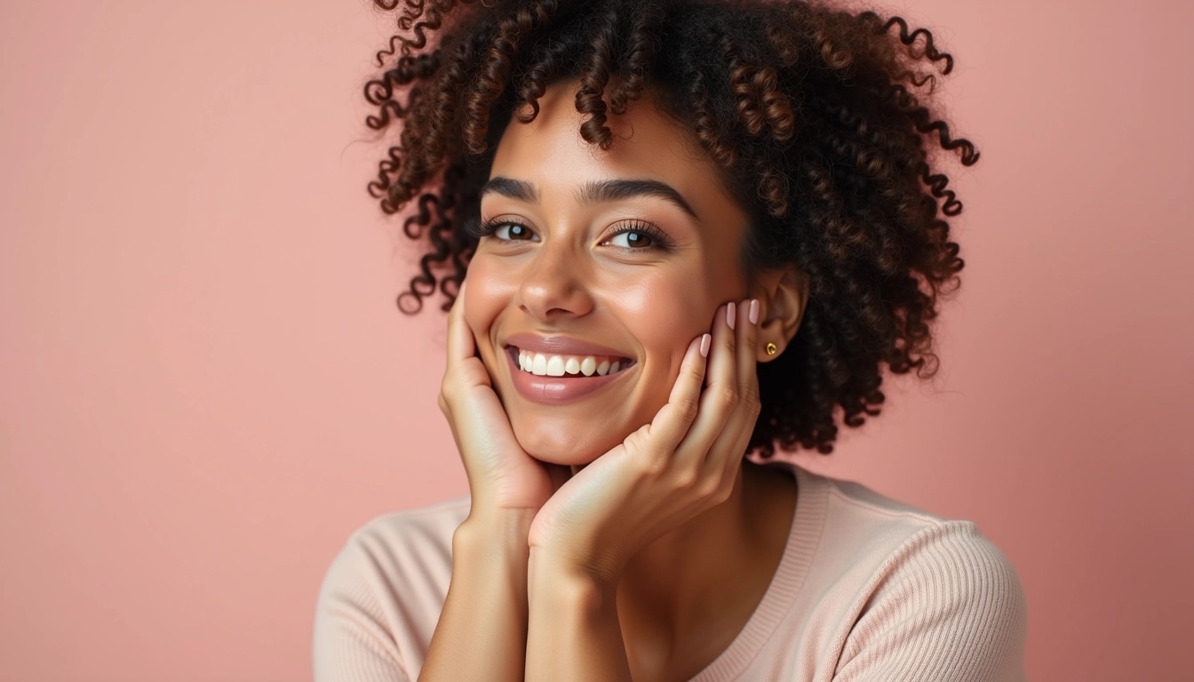 Create an image featuring a woman with curly hair, smiling softly while resting her chin on her hand. She should have a natural look, with minimal makeup to enhance her features. The background should be a soft, muted color, providing a gentle contrast to her skin tone. Change her outfit to a light pastel color that complements the setting, and introduce small, simple stud earrings instead of hoops. The focus should remain on her cheerful expression and approachable demeanor.