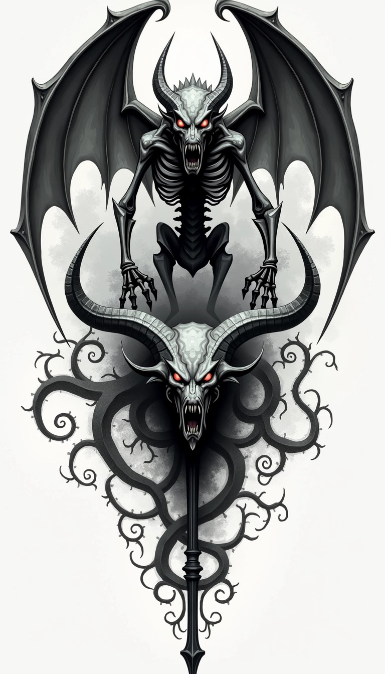 Create a design featuring a large, menacing creature with elongated claws and bat-like wings. The creature should have a skeletal structure with glowing eyes and a fierce expression. Below it, depict a snarling, mythical beast head, set against a background of swirling, abstract patterns. Replace the original patterns with jagged geometrical shapes and incorporate a scythe that transforms into twisted vine-like elements. Use a monochromatic color scheme with shades of grey to maintain an ominous tone.