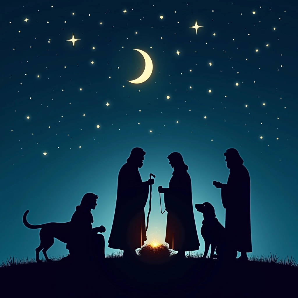 Create an illustration featuring a silhouette scene with four figures: two shepherds, a woman, and a man, gathered around a small structure. The background should be a deep navy blue filled with twinkling stars. Replace the central bright star with a glowing crescent moon. The figures should be dressed in flowing, traditional robes and hoods, while a friendly dog stands beside the shepherds. The overall theme should convey warmth and togetherness during a serene night.