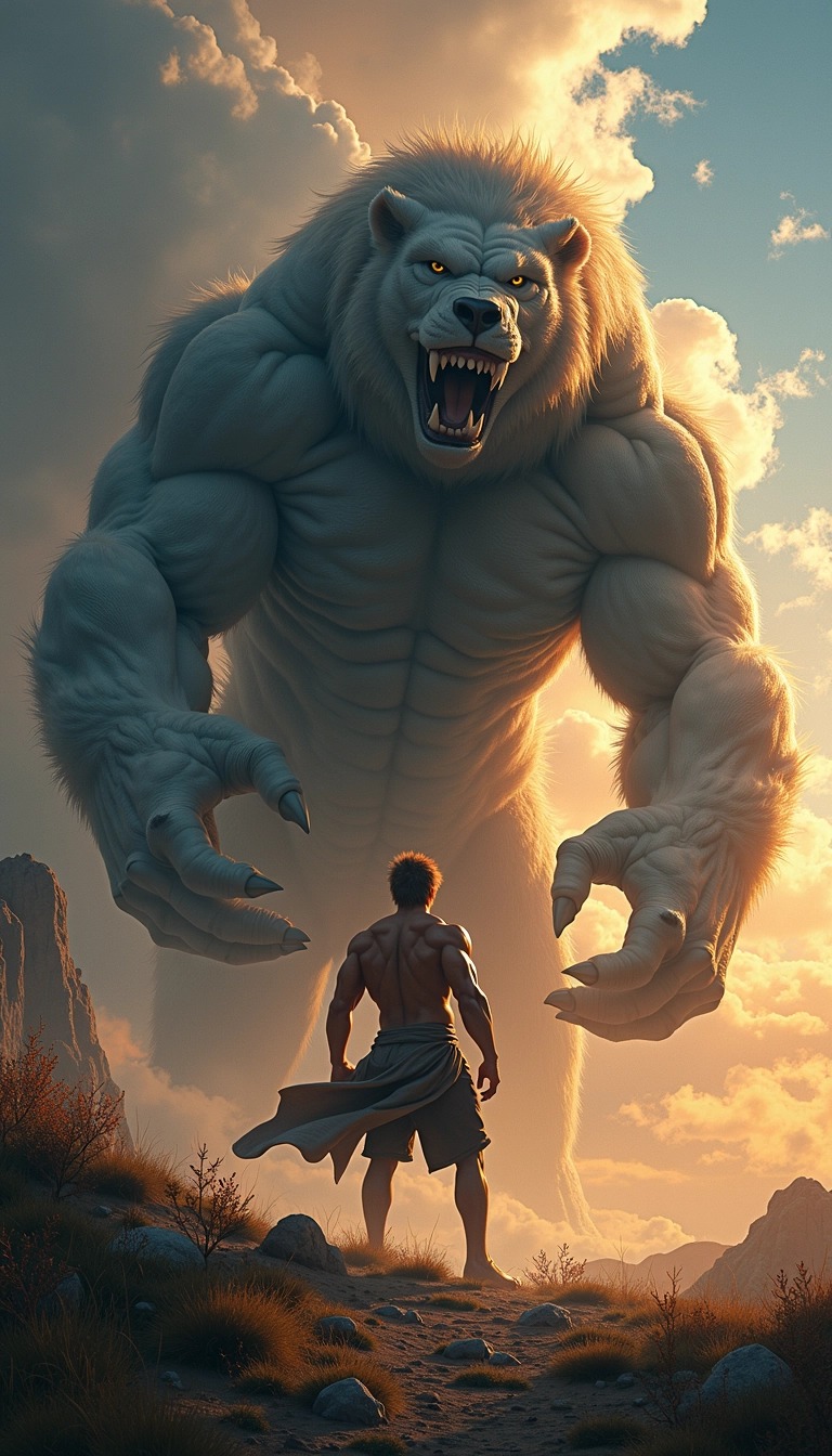 Create an artwork depicting a muscular figure engaging with a large, mythical creature in a dramatic outdoor setting. The figure should have a dynamic pose, demonstrating strength and determination, while the creature appears powerful yet enigmatic. Alter the color palette to incorporate warmer, more vibrant hues and include an intense sky filled with swirling clouds to enhance the atmosphere. Remove any identifying symbols or logos, ensuring the focus remains on the central interaction between the figure and the creature.