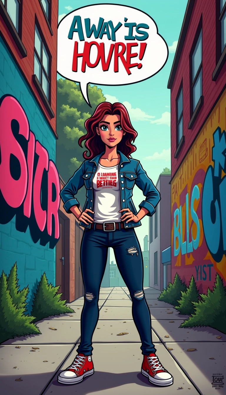 **Image Design Breakdown Prompt:**
- **Background:** Replace the dark alley with a vibrant urban scene featuring colorful graffiti on the walls.
- **Character Pose:** Change the pose to show the character standing confidently with both hands on hips, facing forward.
- **Outfit:** Alter the clothing to a casual, stylish outfit, like a denim jacket paired with a graphic tee and dark jeans.
- **Color Palette:** Use bright, saturated colors to create a lively atmosphere, rather than the current muted tones.
- **Text Bubble:** Instead of the original text, include a motivational quote or phrase that complements the character's stance, using a fun, bold font in a contrasting color.
- **Detailing:** Add dynamic elements like street art, plants, or imaginative urban features to create depth and interest in the scene.