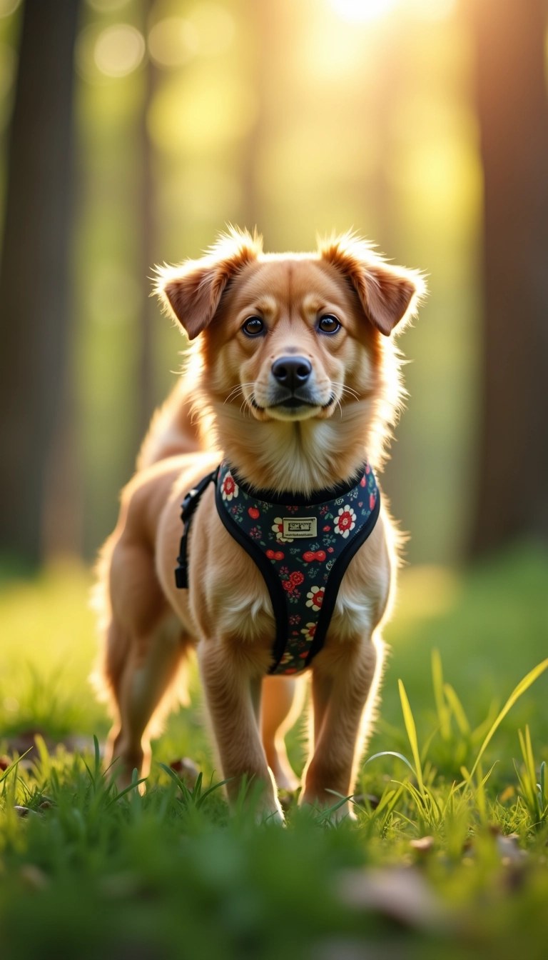 Create an image of a medium-sized dog standing on grass in a forest setting, without any brand references. The dog should have a unique, colorful harness instead of the black one seen in the original. Include a different type of support device for the dog, showcasing a playful design with bright colors and patterns. The background should consist of soft-focus greenery with warm, golden light filtering through the trees for an inviting atmosphere.