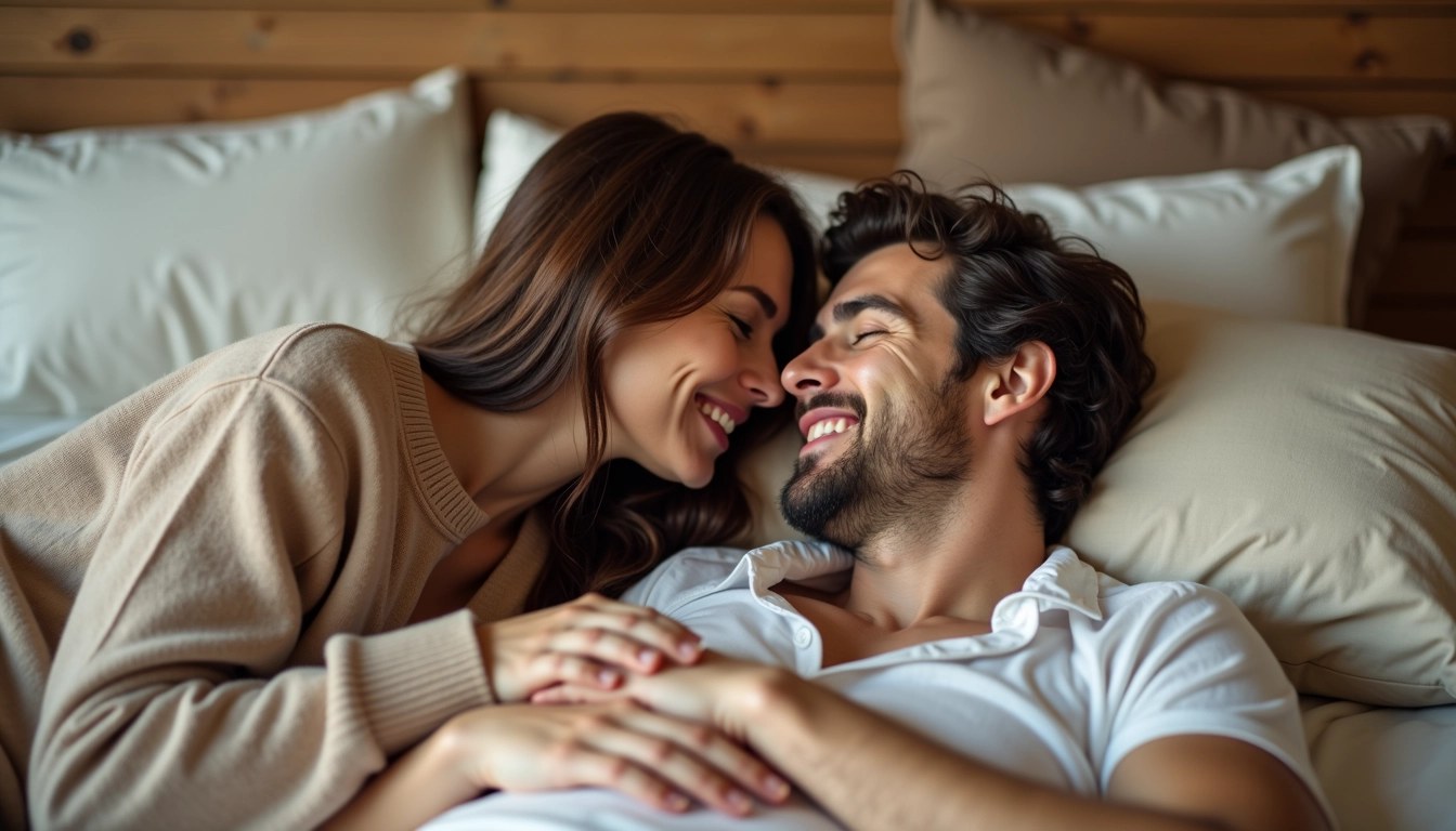 Create an intimate scene featuring a couple lying on a bed, with one partner gently whispering in the other's ear. The focus should be on their joyful expressions and the soft, natural lighting of a cozy room. Change the style to color while maintaining a warm, inviting tone. The clothing should be casual and romantic, with soft textures and patterns that evoke tenderness without showcasing any brand names. The surrounding elements should include a simple yet elegant bedding setup, with muted colors and minimal distractions in the background.