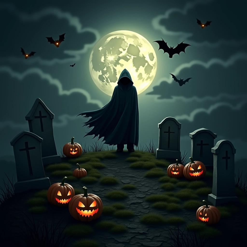 Create a spooky Halloween scene with a full moon and dark clouds in the background. Replace the original character with a shadowy figure standing on a hill, shrouded in a cloak. The graveyard should have gravestones with generic symbols rather than text, and include a variety of pumpkins, some with creepy faces and others plain. Add eerie bats flying through the sky and ensure there's a misty, atmospheric vibe with patches of green moss scattered across the ground.