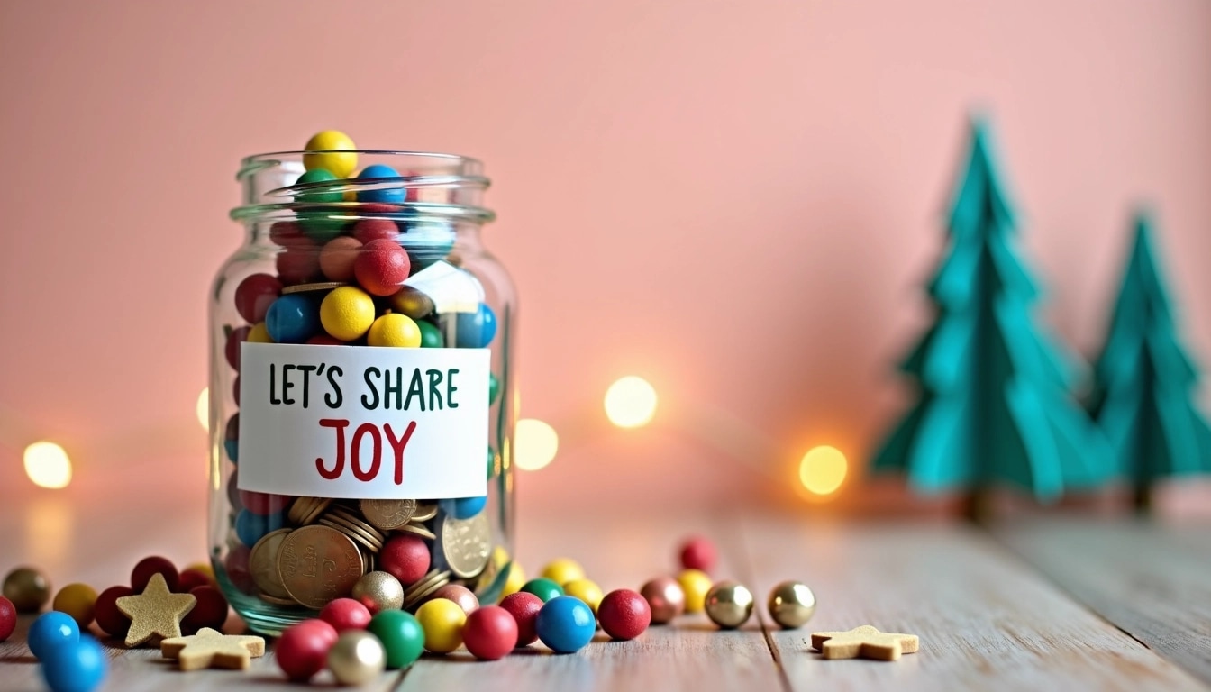 Create an image featuring a clear glass jar filled with colorful marbles instead of coins. The label should be simple with a playful font that reads "LET’S SHARE JOY" instead of the holiday phrase. Use a soft pastel background with fairy lights, and include small, whimsical, handmade decorations around the jar—such as felt stars or hearts—rather than trees. The wooden surface should remain, but adjust the lighting for a warmer, more inviting feel.