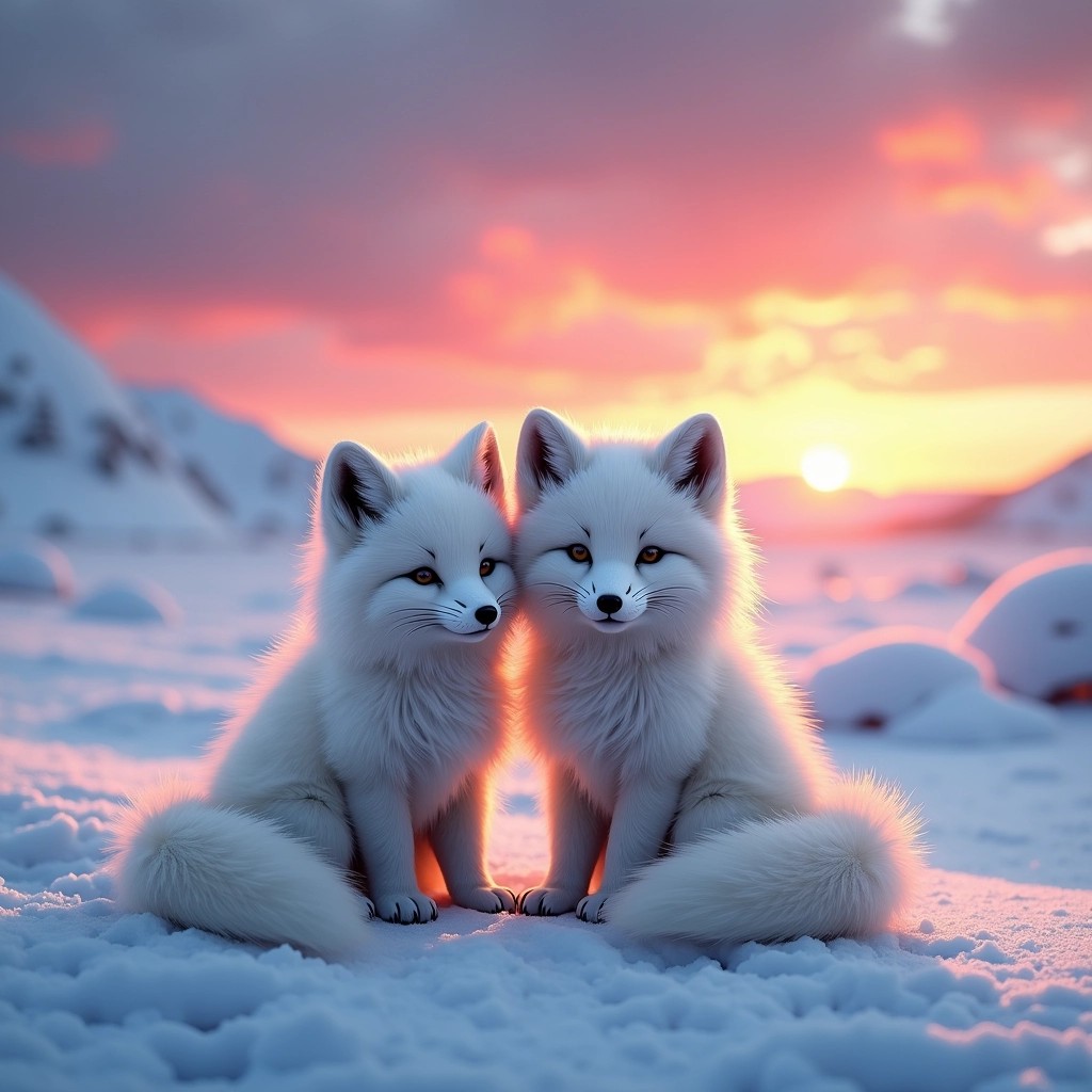 Create an image featuring two adorable, fluffy arctic foxes sitting together on a snowy landscape. In the background, replace the aurora borealis with a colorful sunset that casts warm hues of pink and orange across the sky. The snow should glisten under the soft light, and a few distant mountains can be added to enhance the scenery.