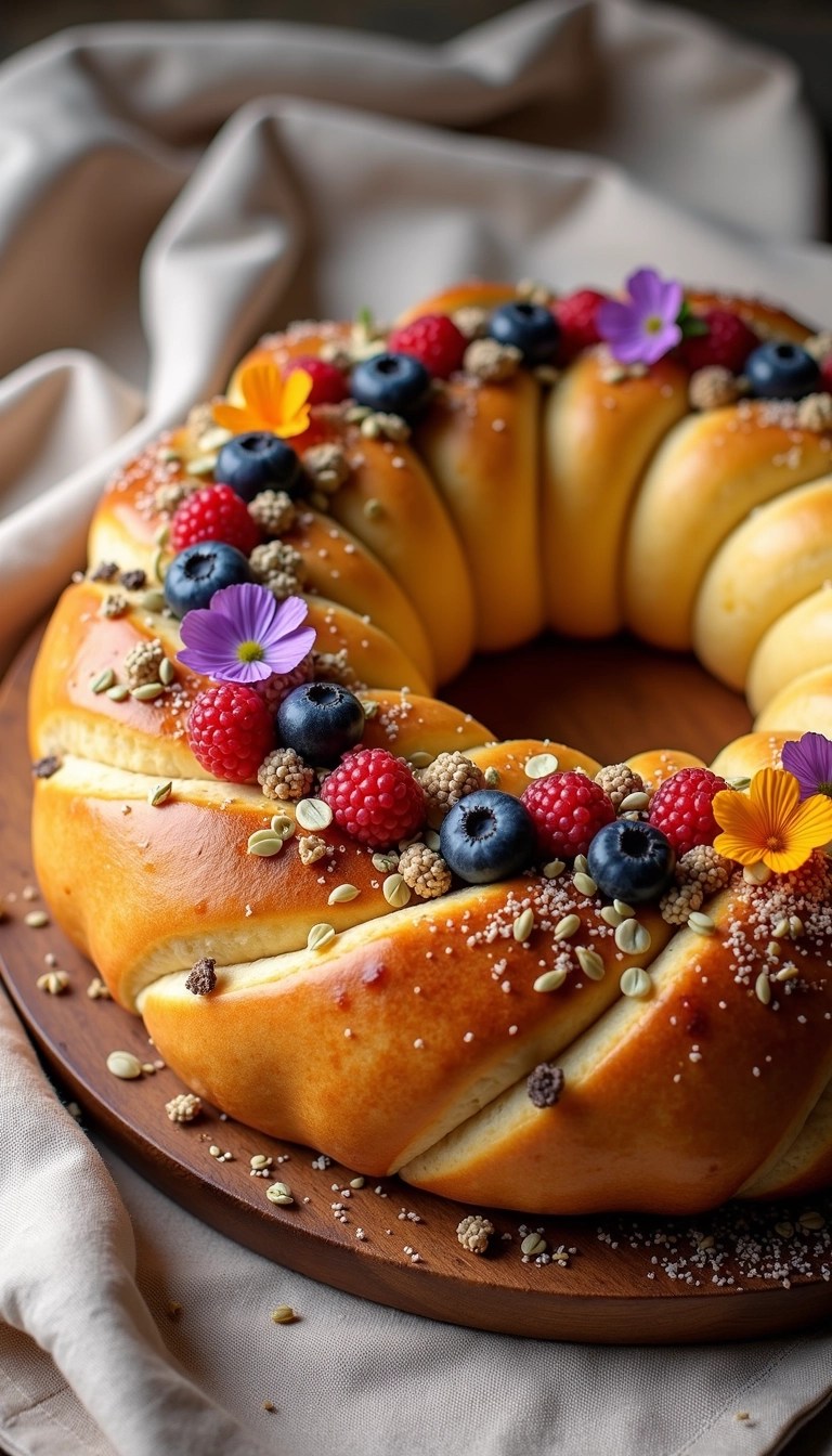 Create an image of a large, round pastry with a smooth, golden-brown crust, shaped like a circle. Instead of bright colored fruits, use natural ingredients like edible flowers and a mix of seeds on top for decoration. Change the base color to a lighter shade with a sprinkle of coarse sugar for texture. Display the pastry on a simple, rustic wooden board, with a soft, neutral cloth underneath to enhance the presentation.